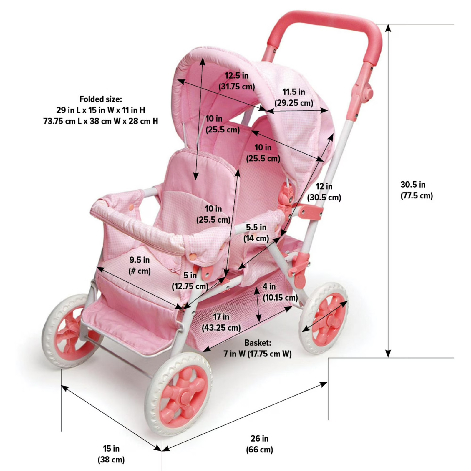 Folding Double Front-to-Back Doll Stroller – Pink/Gingham