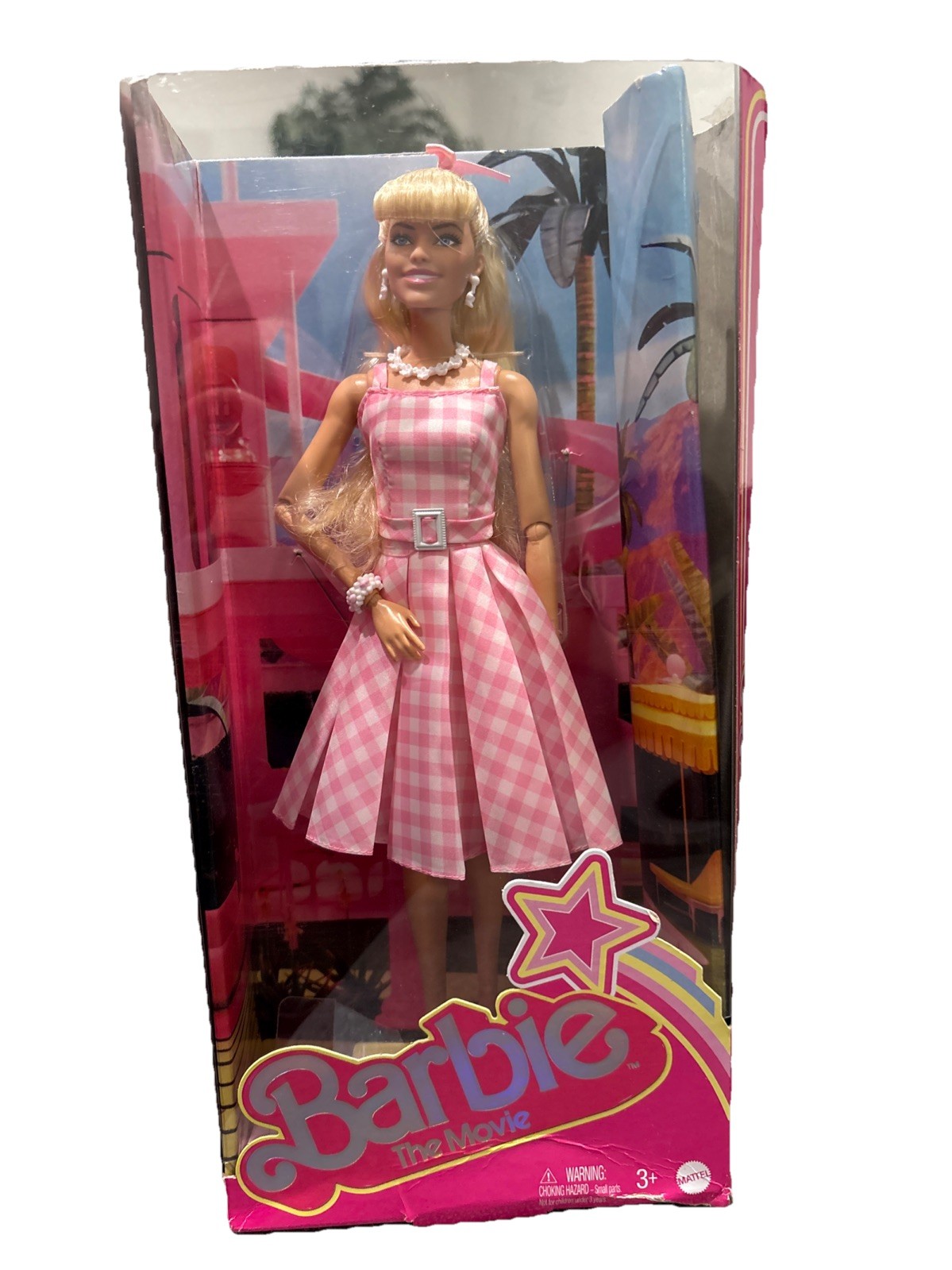 Barbie The Movie Margot Robbie Doll Pink Gingham Dress Collector Damaged Box