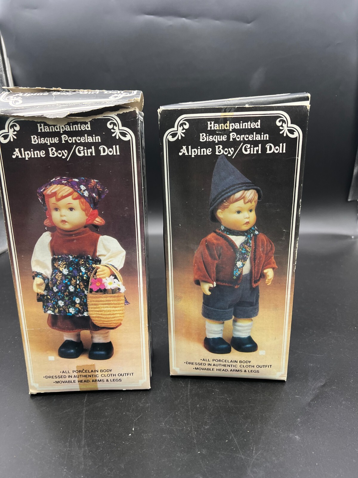 Vintage Hand Painted Bisque Porcelain Alpine Girl and Boy Doll with Boxes