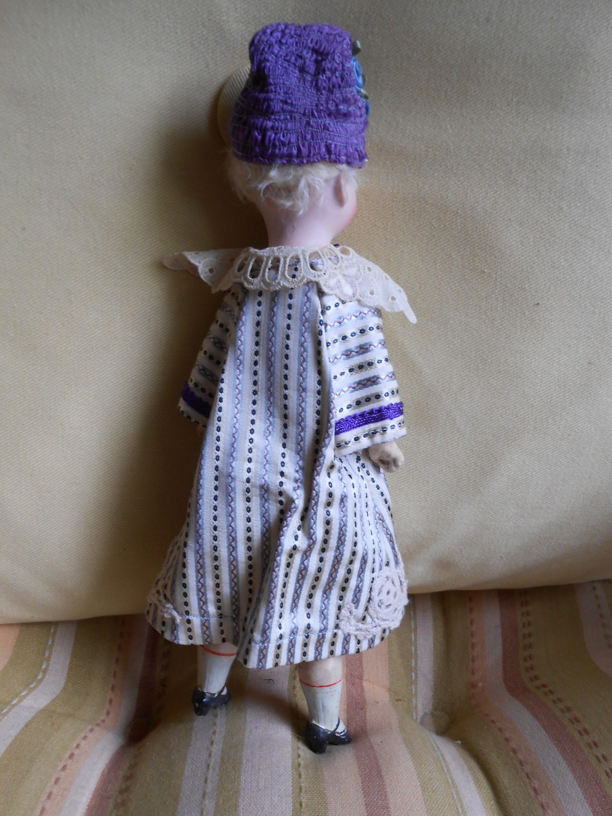 Vintage 5-Way Jointed 10 ” Character Doll in Long Dress Coat and White Wig