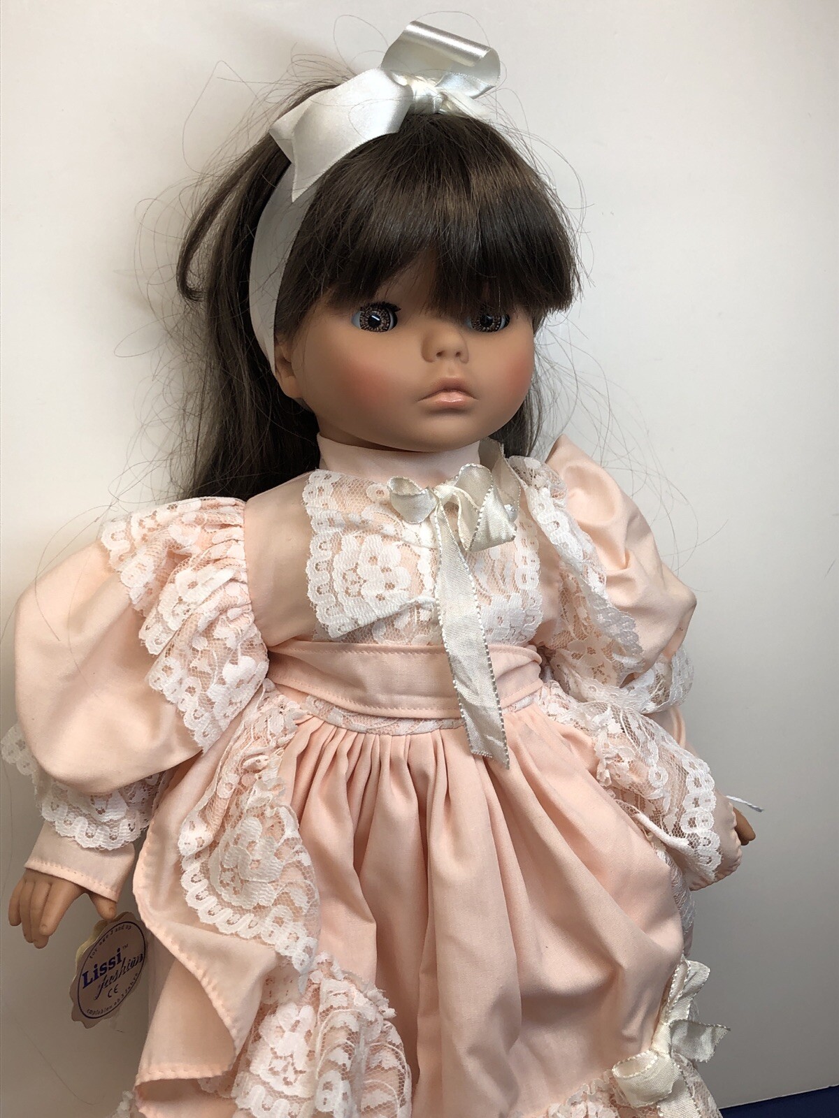 19” Lissi German Vinyl & Cloth Doll Adorable Brunette Little Girl With Bow #B3