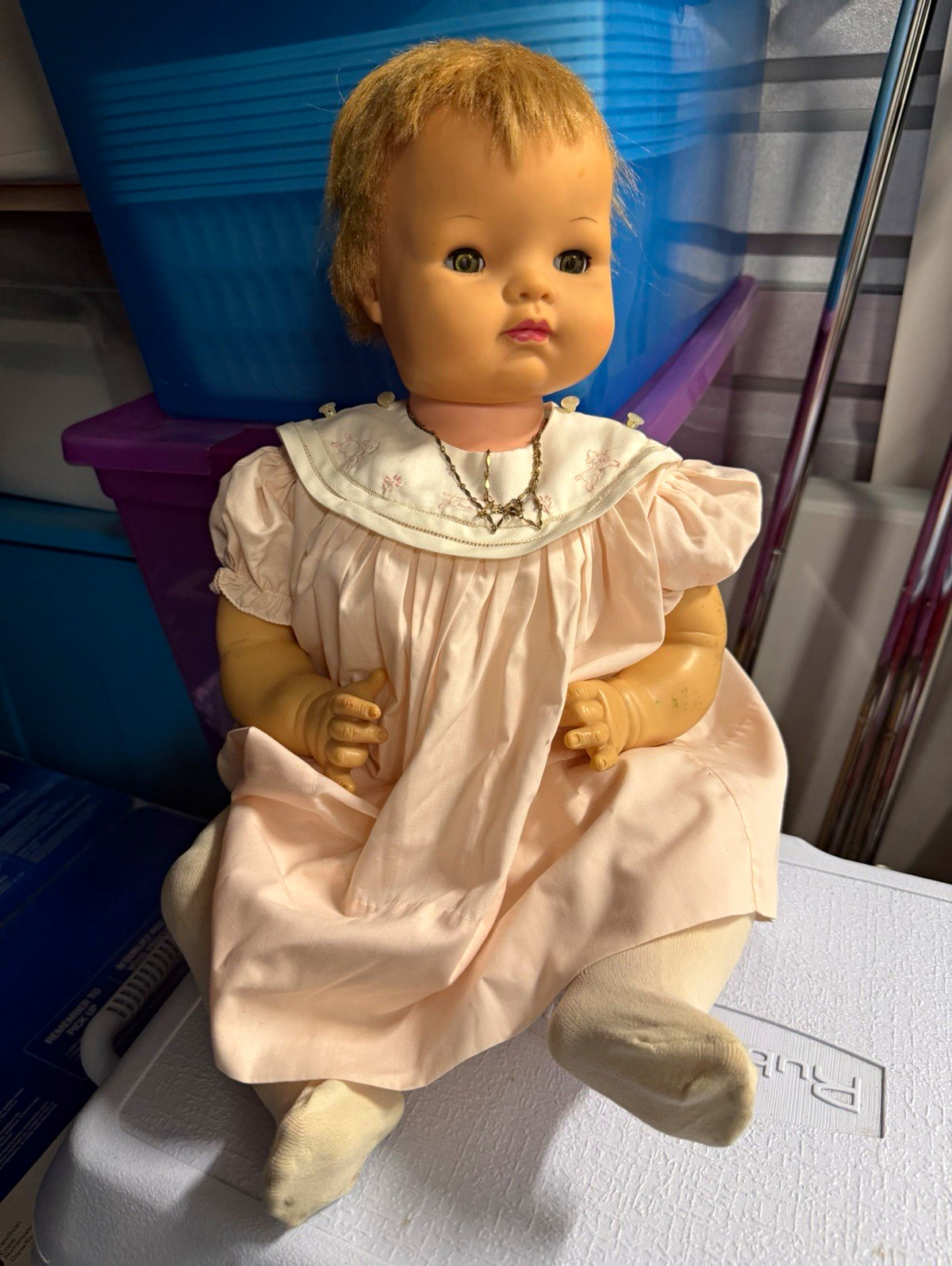 Sayco Doll Corp Baby Doll Blonde Straight Hair Blue Eyes Pink Dress Plastic