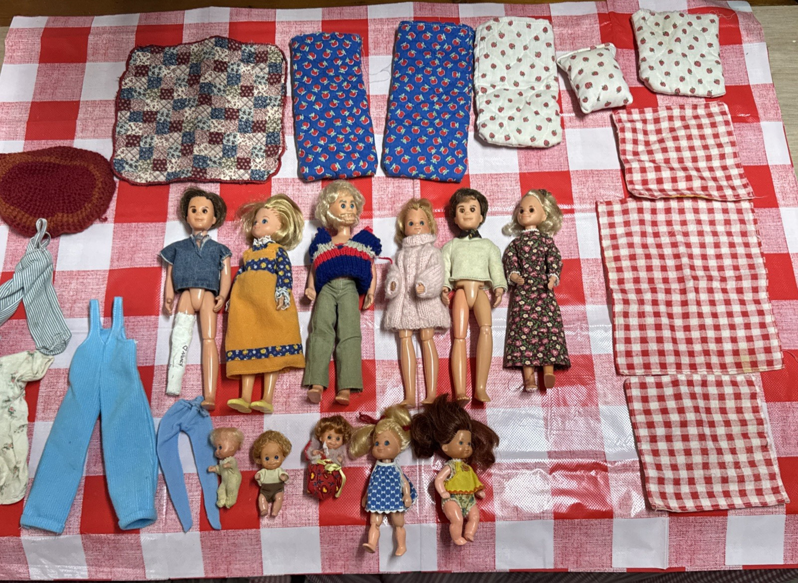 Vintage Sunshine Family Dolls 1970’s Family of 11 + xtra clothes handmade Mattel