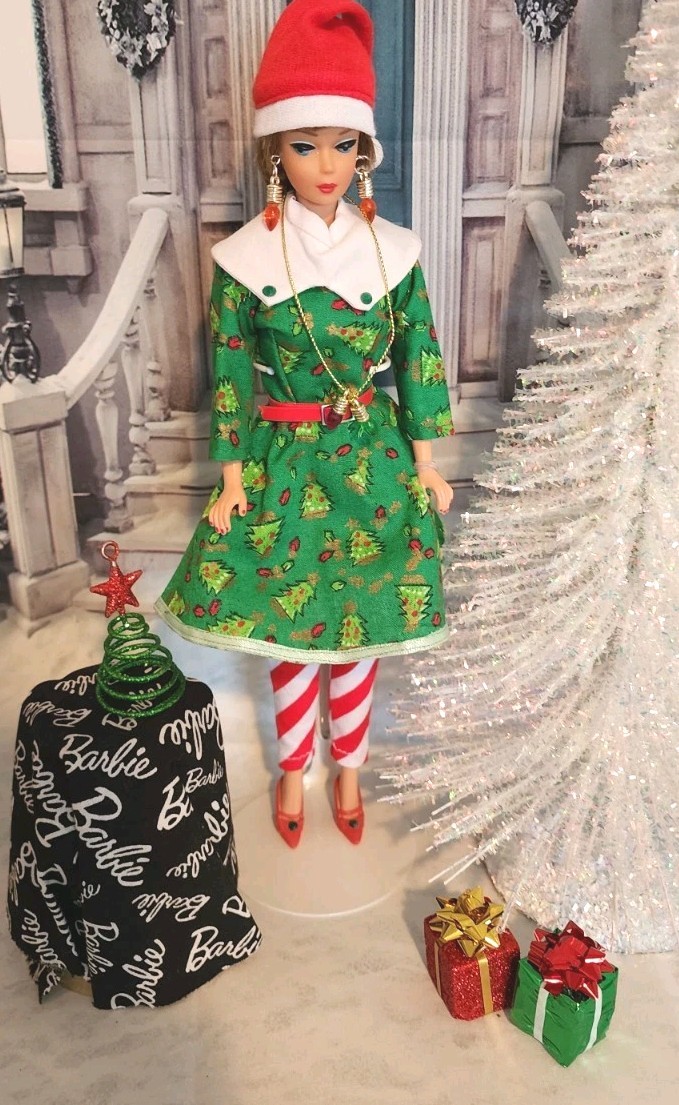 HANDMADE FOR BARBIE DOLL ELF CHRISTMAS DRESS SET