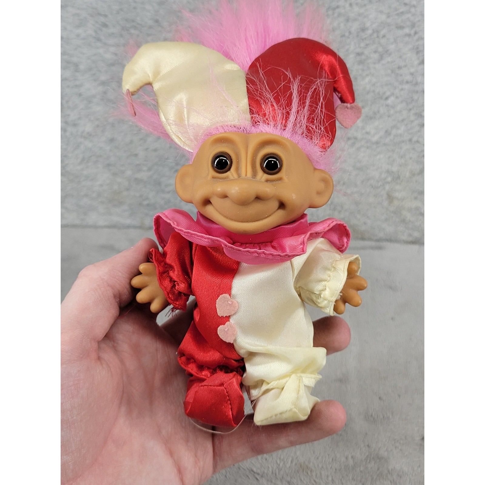 Russ Berrie Jester Troll Doll Pink Hair Red Cream Satin Outfit Vintage 18535 6in