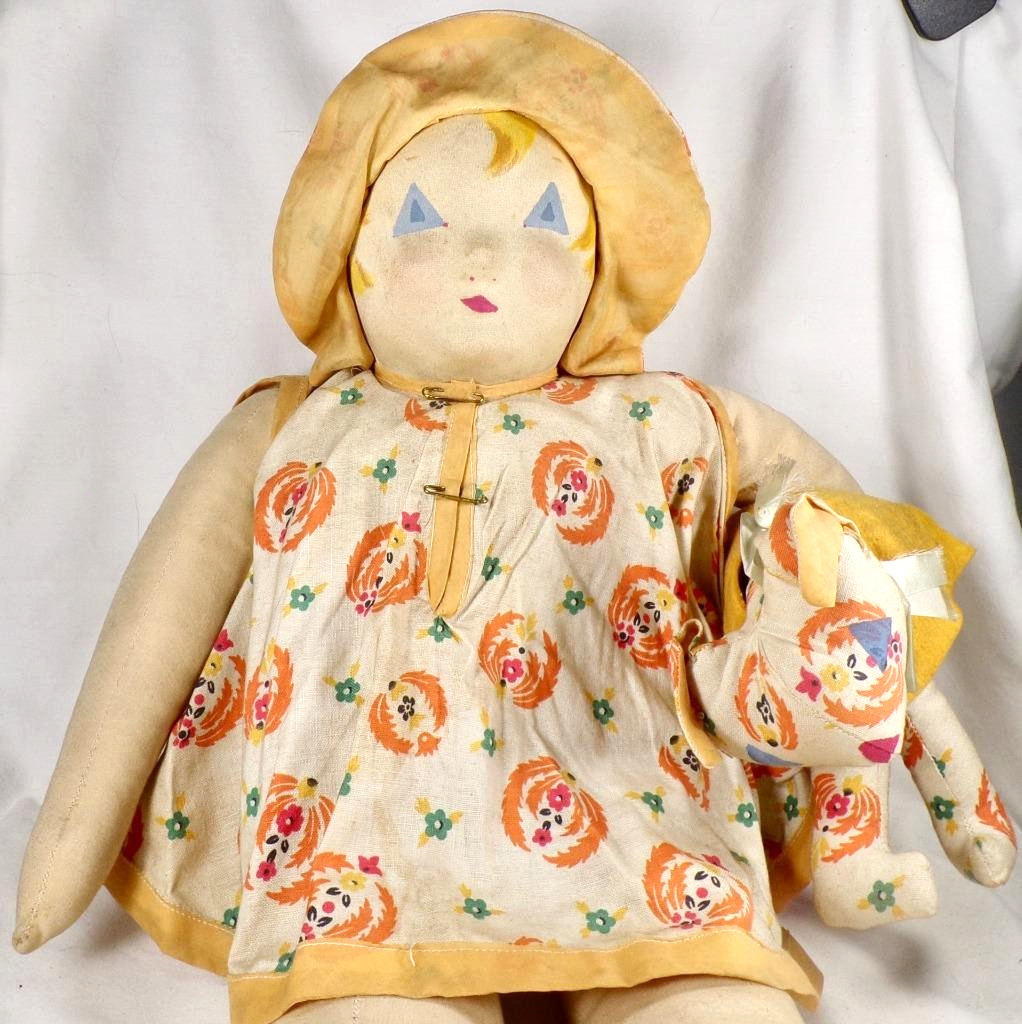 Art Deco Girl Doll & Puppy Stockinette Face Cloth Body 23in 1920s Adorable