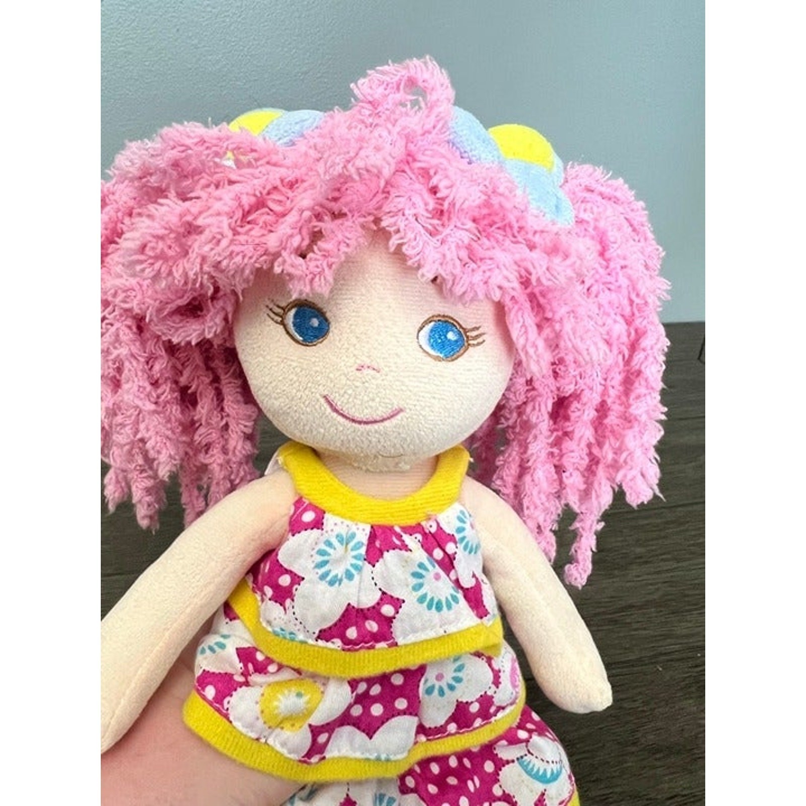GirlznDollz Leila Fabric Baby Doll Pink Yarn Hair Floral Tiered Dress