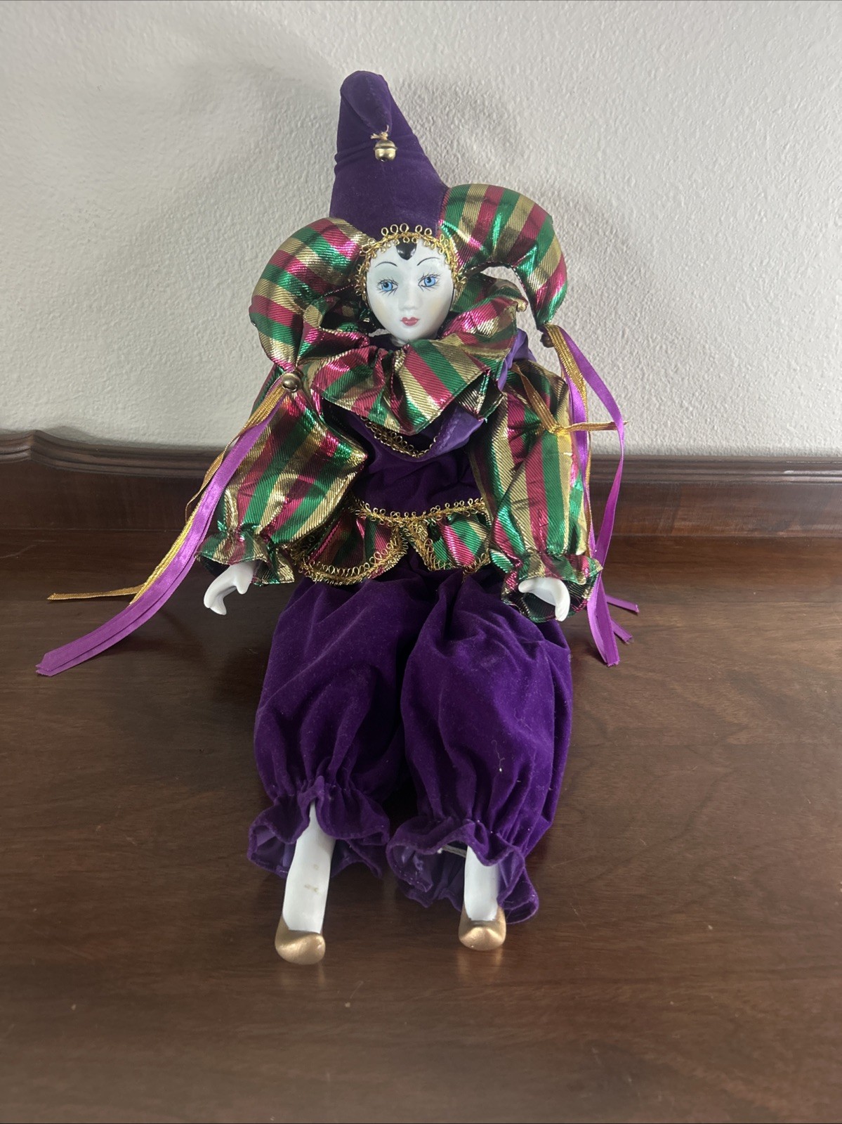 Vintage Porcelain Gesture Doll, Purple, Green, Gold, 18”