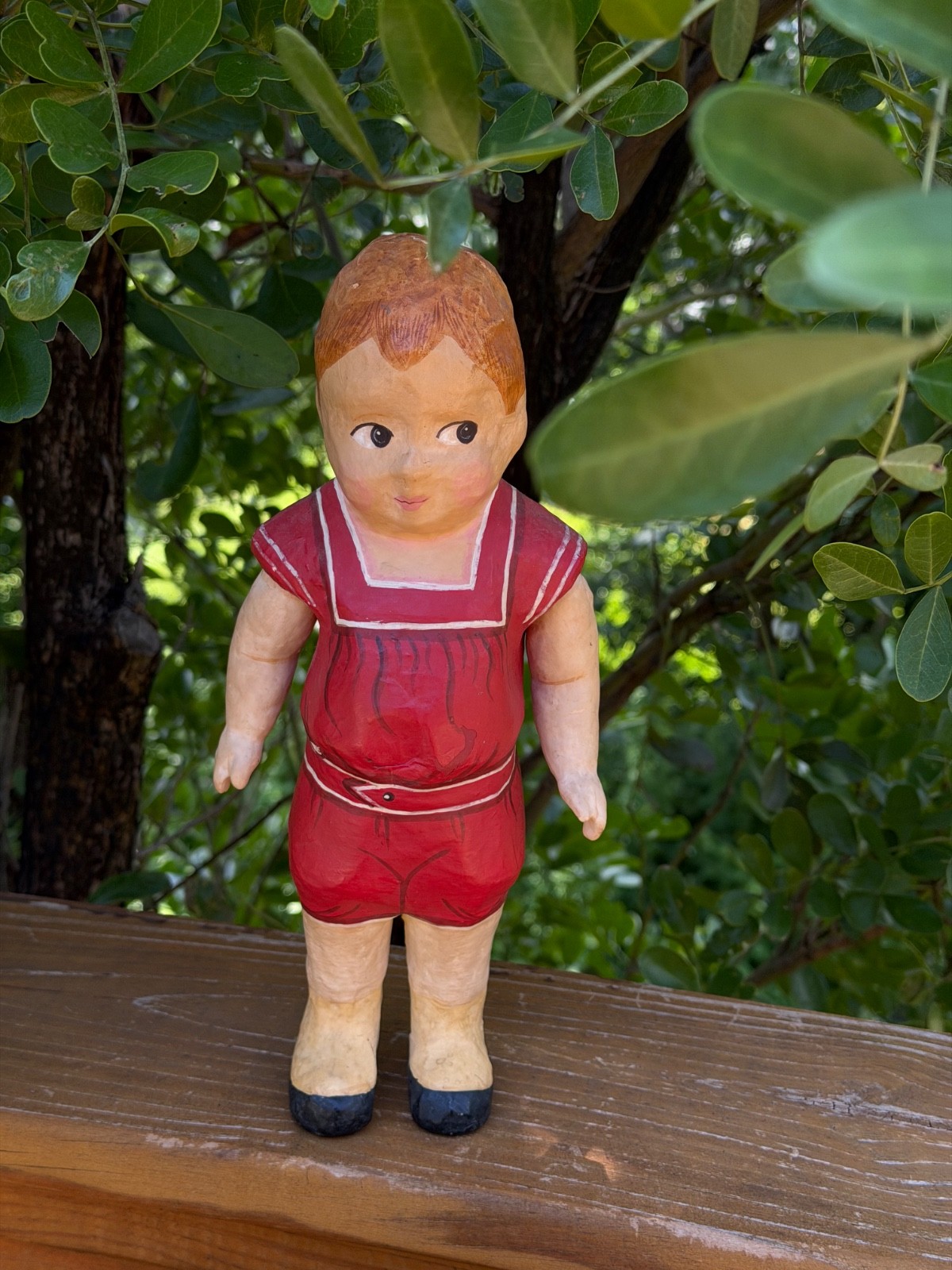 Paper Mache Doll Primitive Jointed Arms Vintage Red Outfit Hand Painted