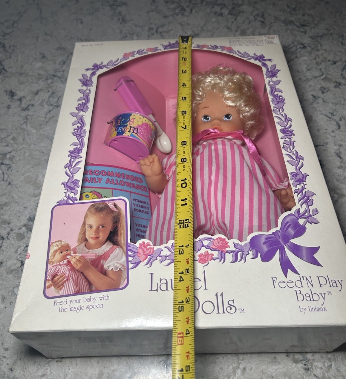 Feed’N Play Baby Doll Unimax Laurel Dolls Blonde Icecream Spoon 1994 Toy NEW