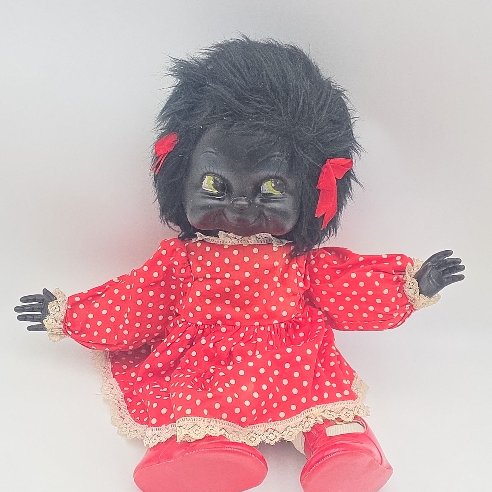 Vintage 1970s Black American Vinyl Doll. Unmarked “Giggles “