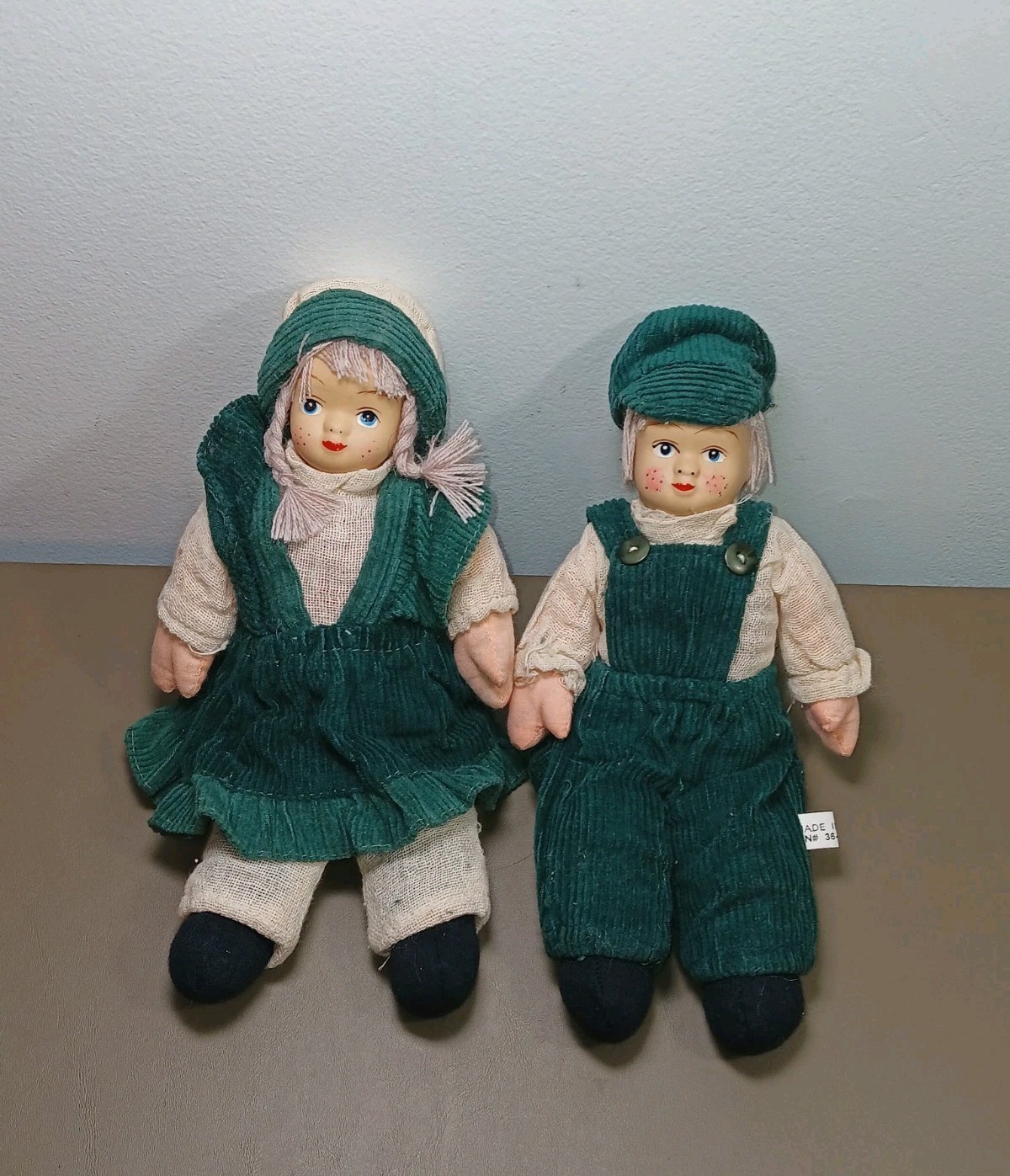 Vintage Porcelain Boy And Girl Dolls Green Cordaroy Outfits Set Of 2 Pre-Owned