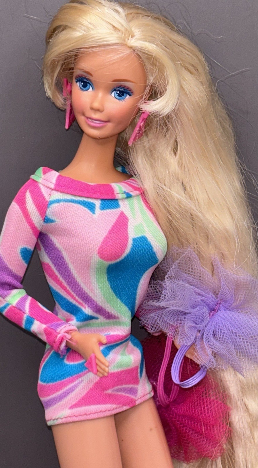 Vintage 1991 Totally Hair Blonde Barbie Doll Original Dress Earring 1112