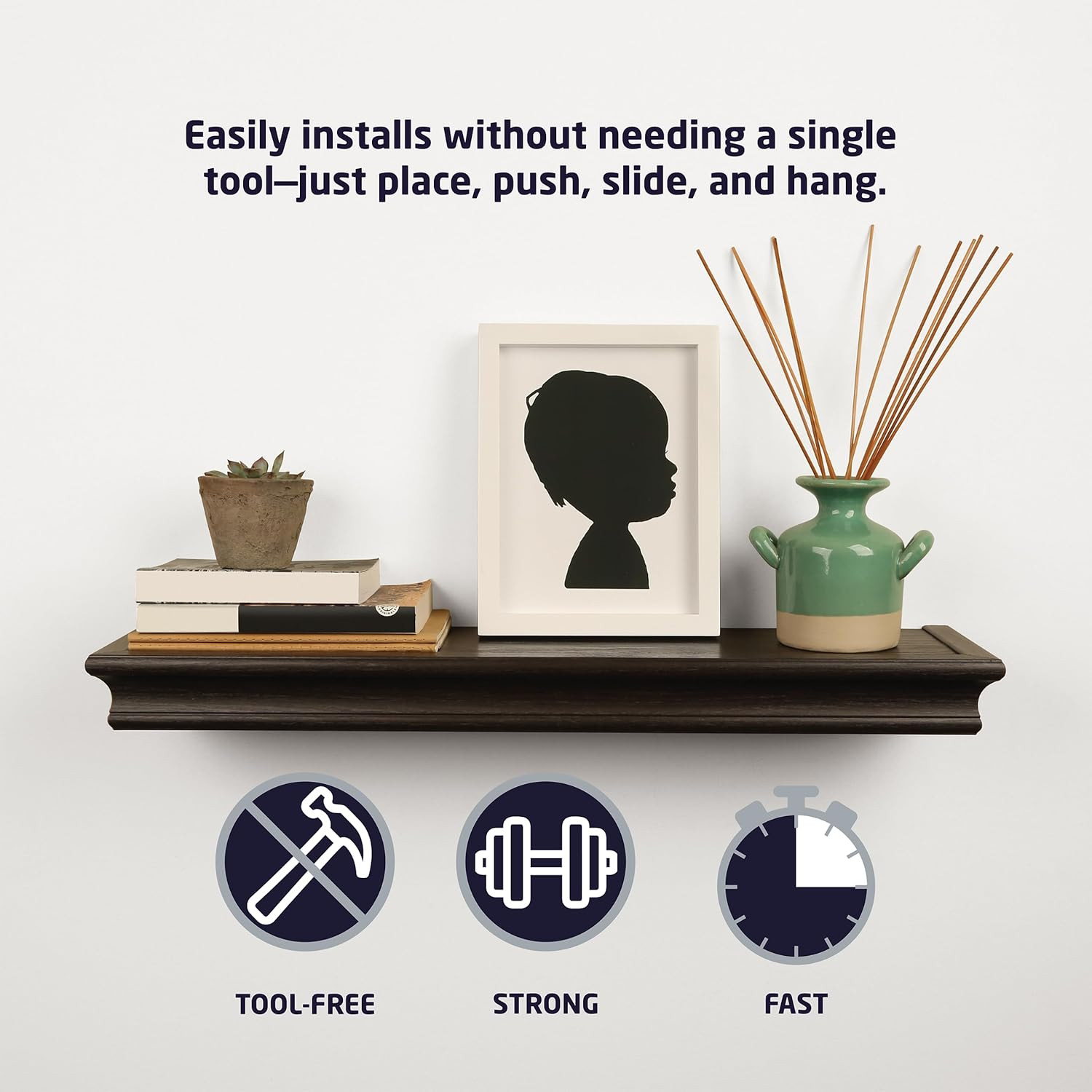 Black Floating Shelf 24″x6″ – Tool-Free Mounting, Holds 20lbs, Level Included