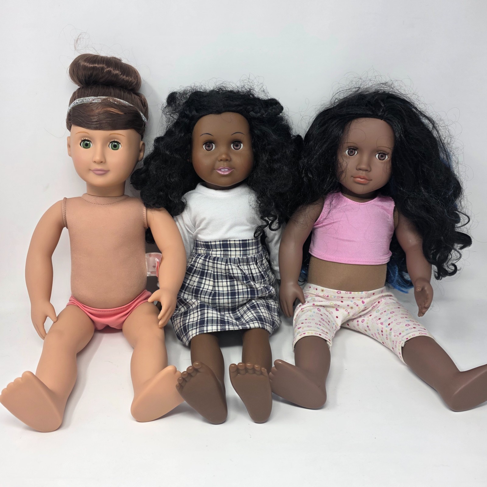 Lot 3 Our Generation Battat 18″ Dolls Brown Black Hair Green Brown Eyes Mixed