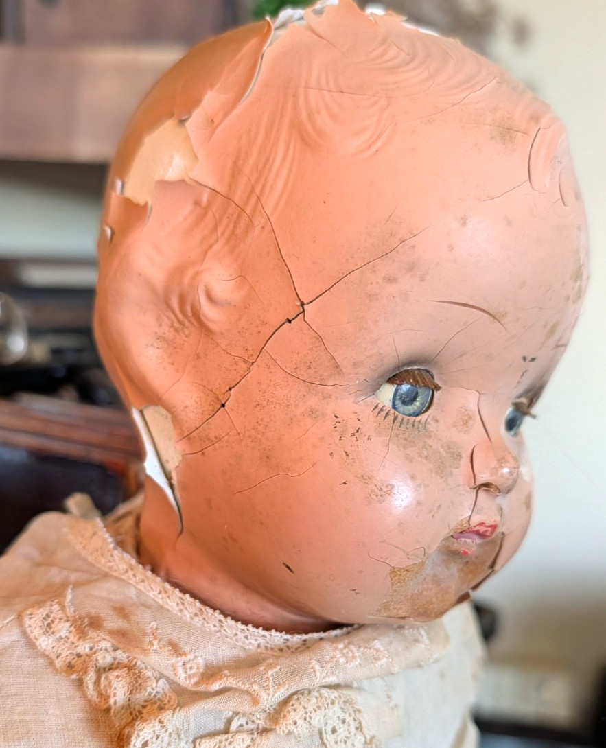 Antique Composition Creepy Doll Haunted House molded hair 20″ (E3)