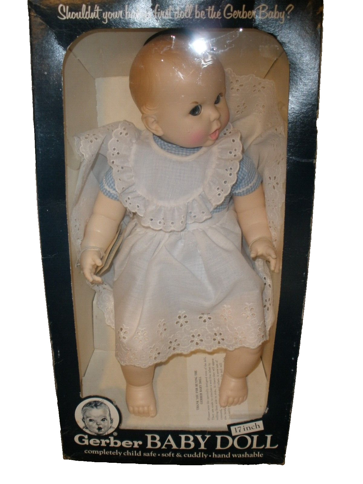 Vintage 1979 Gerber Baby Doll 17” Blue Gingham/White Lace Outfit Atlanta Novelty
