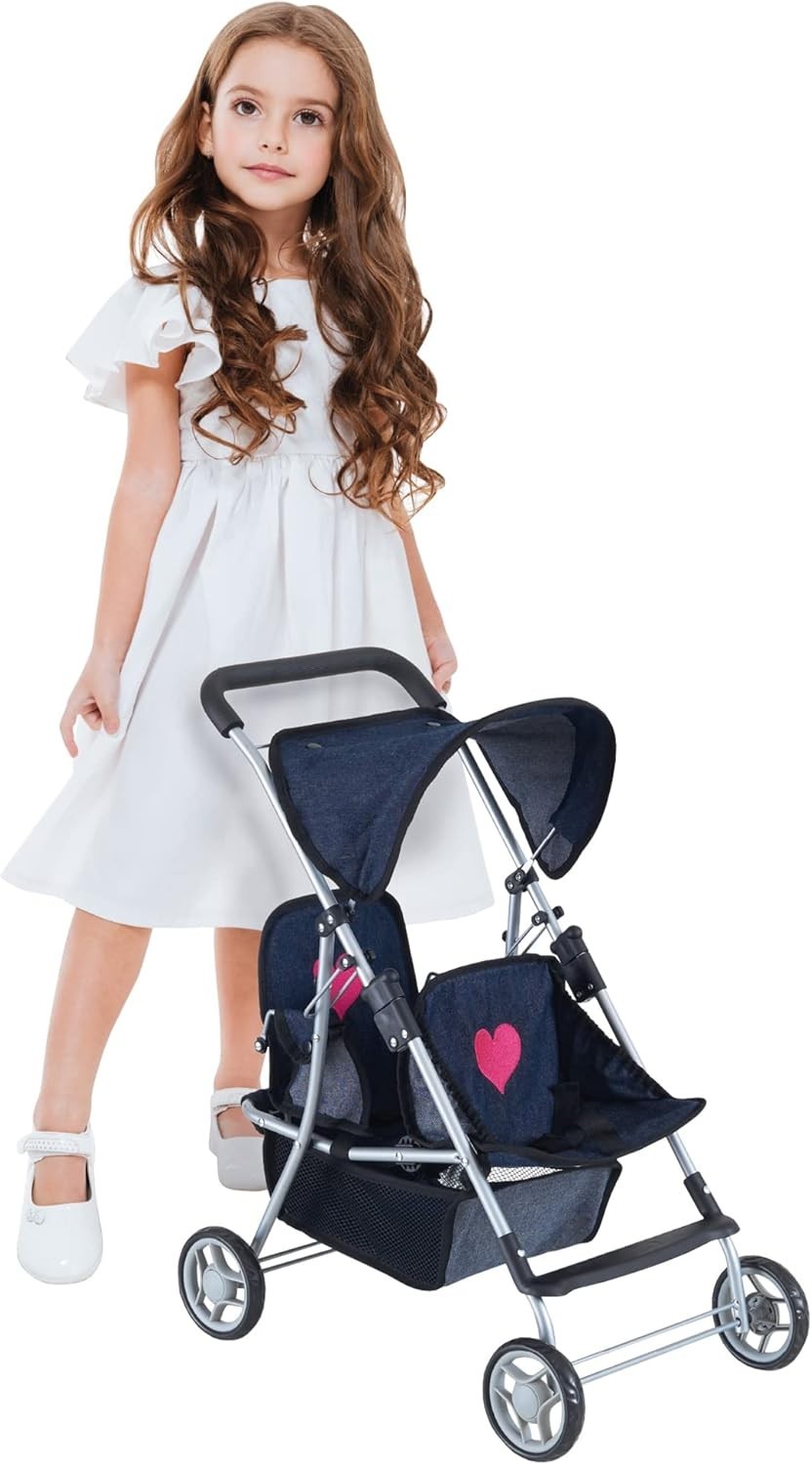 First Twin Stroller in Denim Blue with Pink Hearts – Perfect Gift for Toddlers