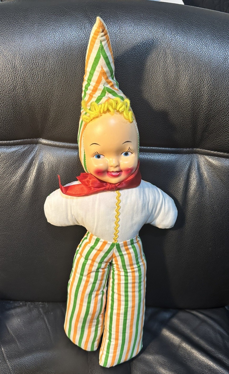 Carnival Prize Doll Plastic Face Clown Orange & Green Fabric.Samwel Samet &Wells