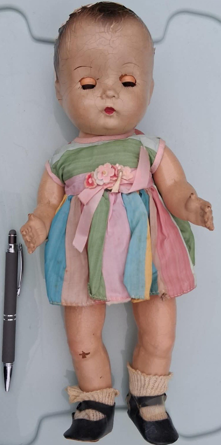 ? 1930s Composition Baby Doll Rainbow Striped Dress & Sleep Eyes TLC