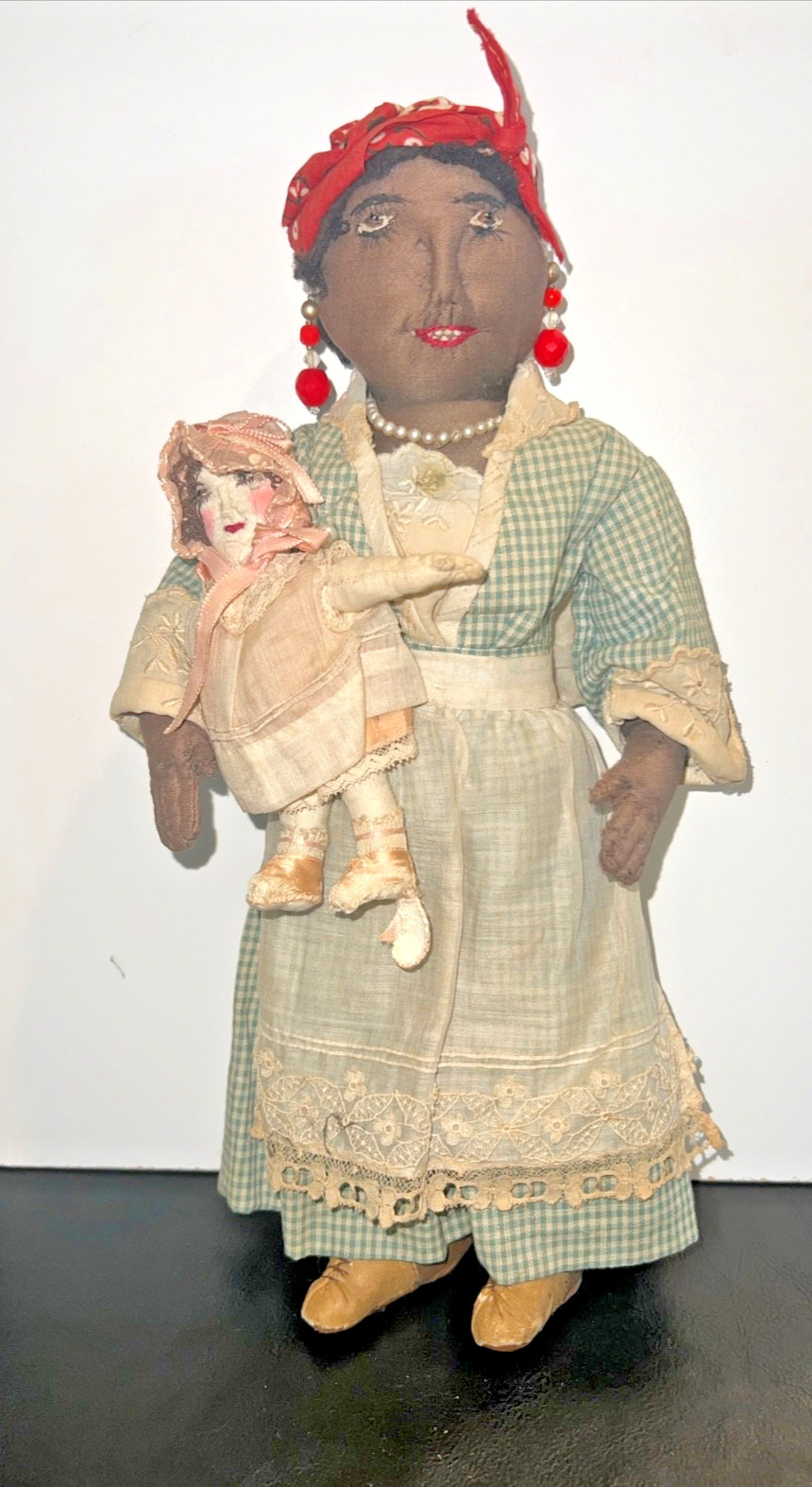 Vintage Afraican American Folk Art Mammy & Baby Handmade Rag Doll 12″ tall