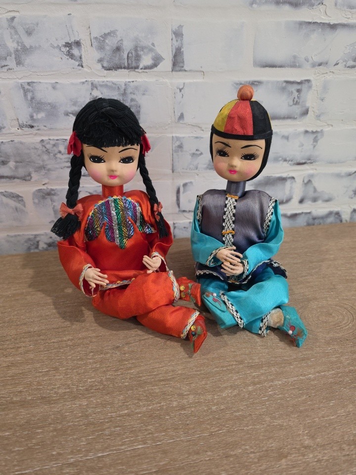 Quantity of two Vintage Tiawan Stockinette Dolls posable kneeling