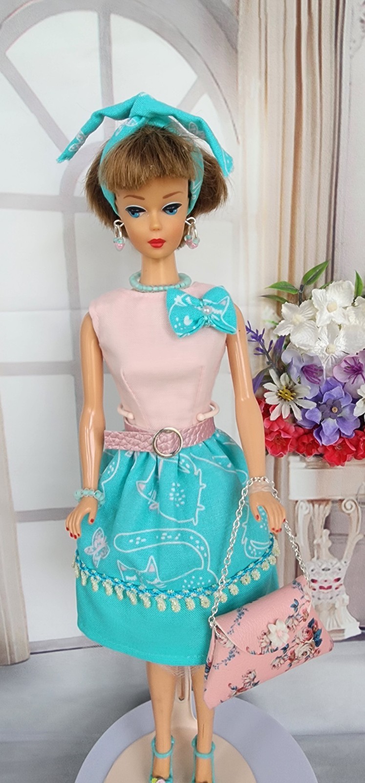 HANDMADE FOR BARBIE DOLL CLOTHES CUTE TEAL CATS PRINT DRESS SET