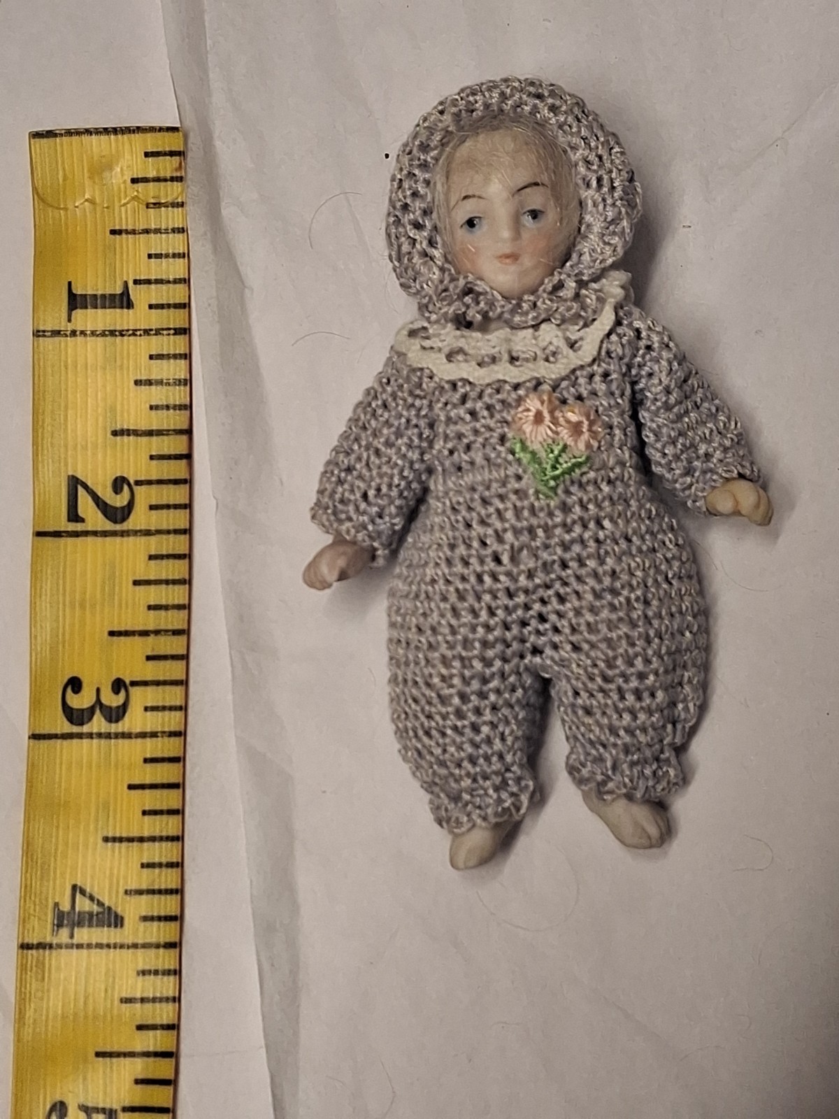 Antique Porcelain Miniature German Jointed Doll Lavender Outfit Bonnet 3.5″