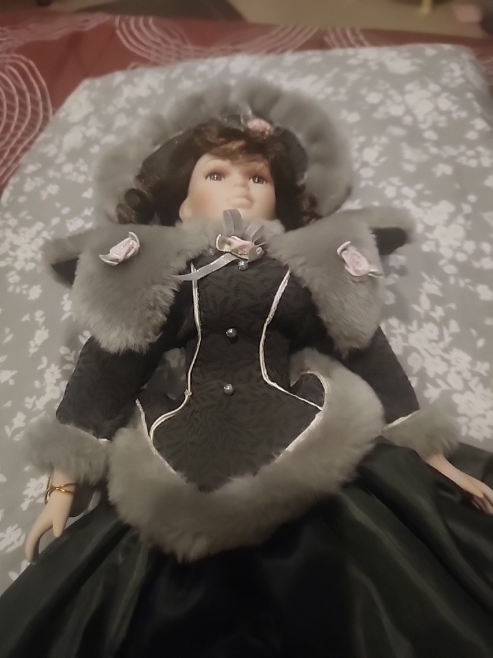 Beautiful 30in Tall Victorian Porcelain Doll, Elegant Green Winter Outfit