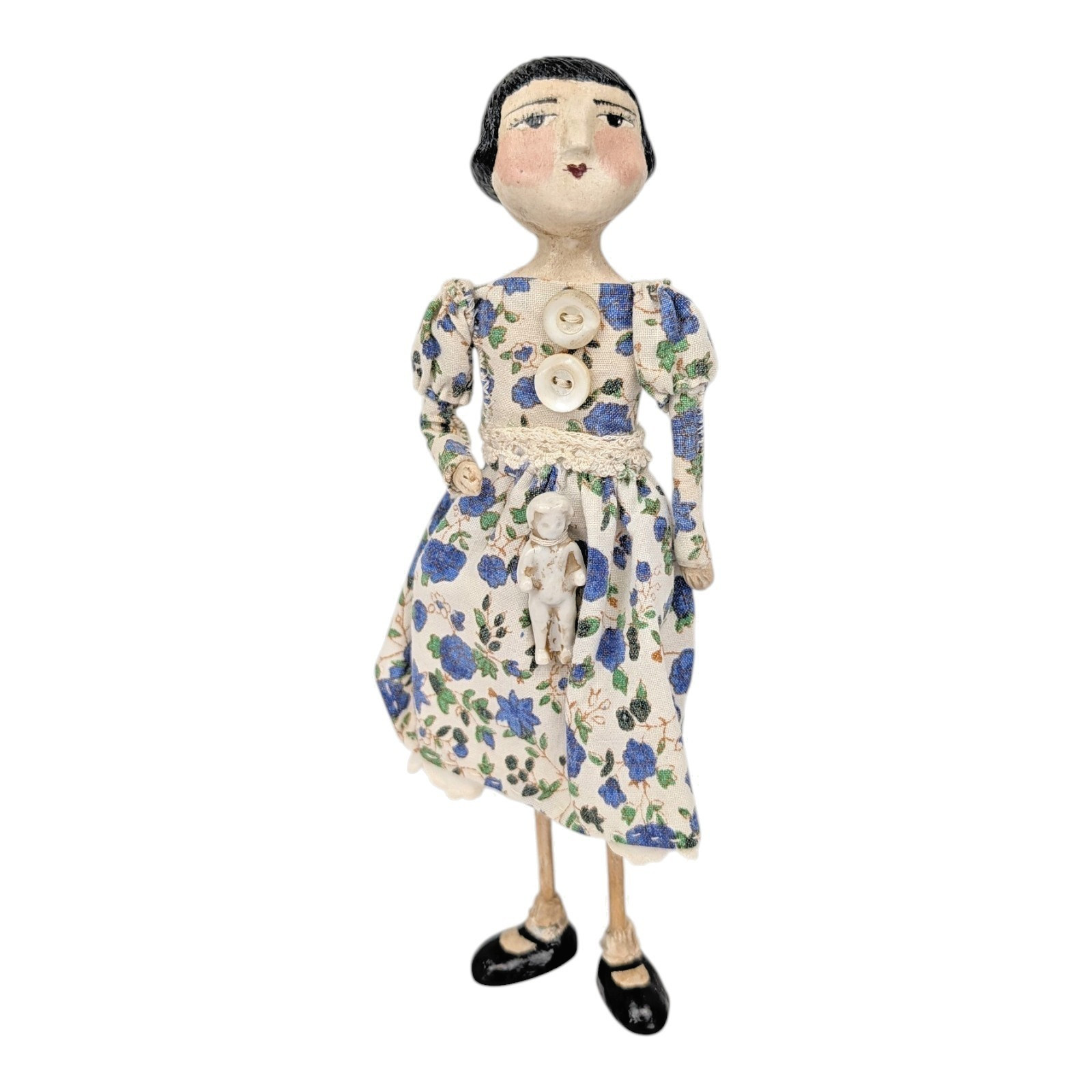 Folk Art Paper Mache 7″ Girl Doll Floral Cloth Dress Handmade Miss Jane Creelman