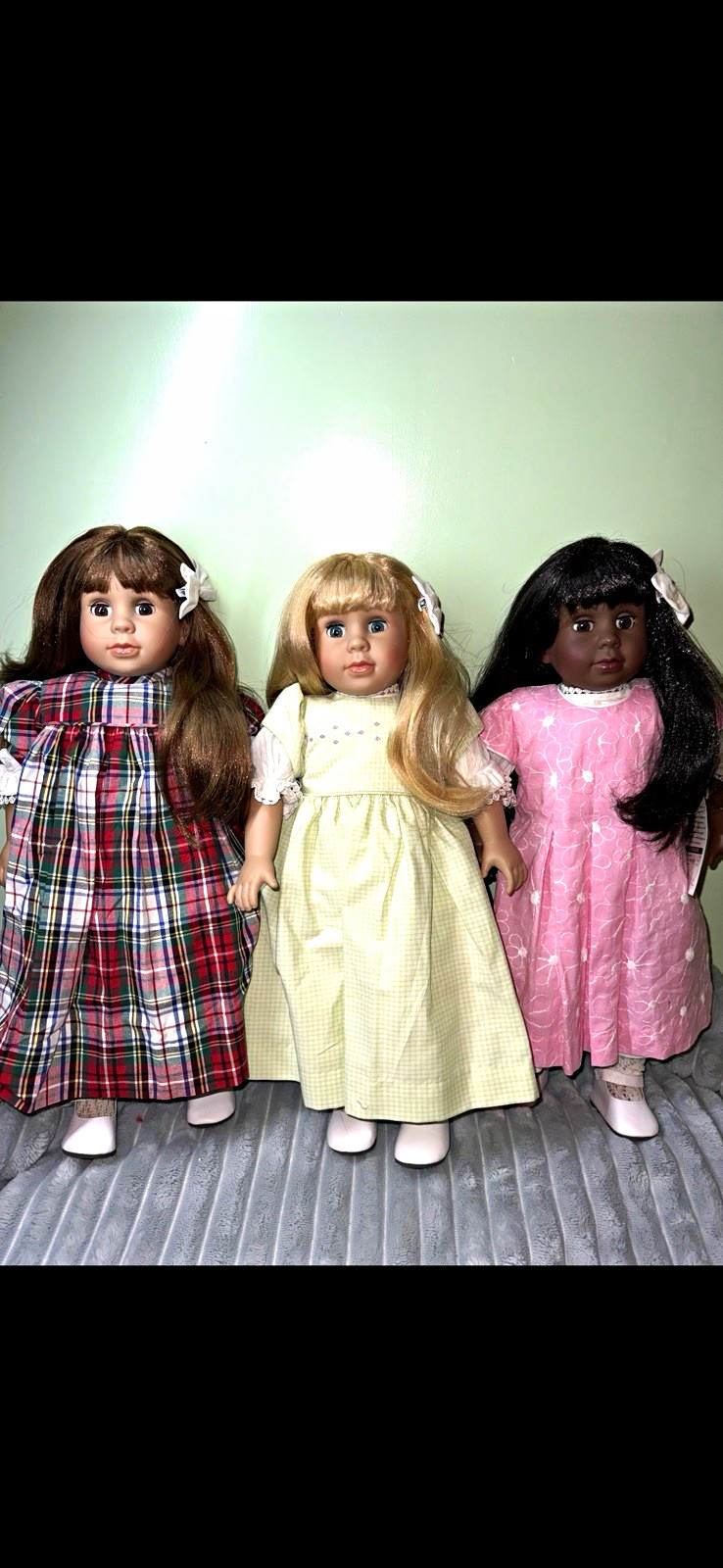 Lot of 3 Girl Play Dolls Light Complexion Brown Wavy Hair Plaid & Pastel Dresses