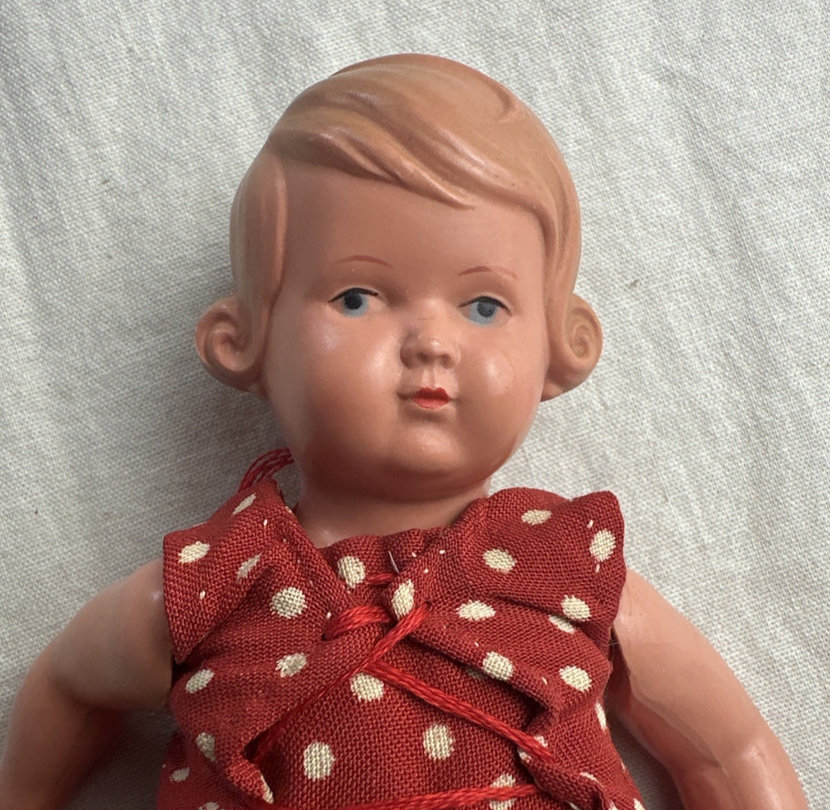 1920 German Articulate Celluloid Doll Red Polka Dot Dress Turtle Mark 18-1/2/19