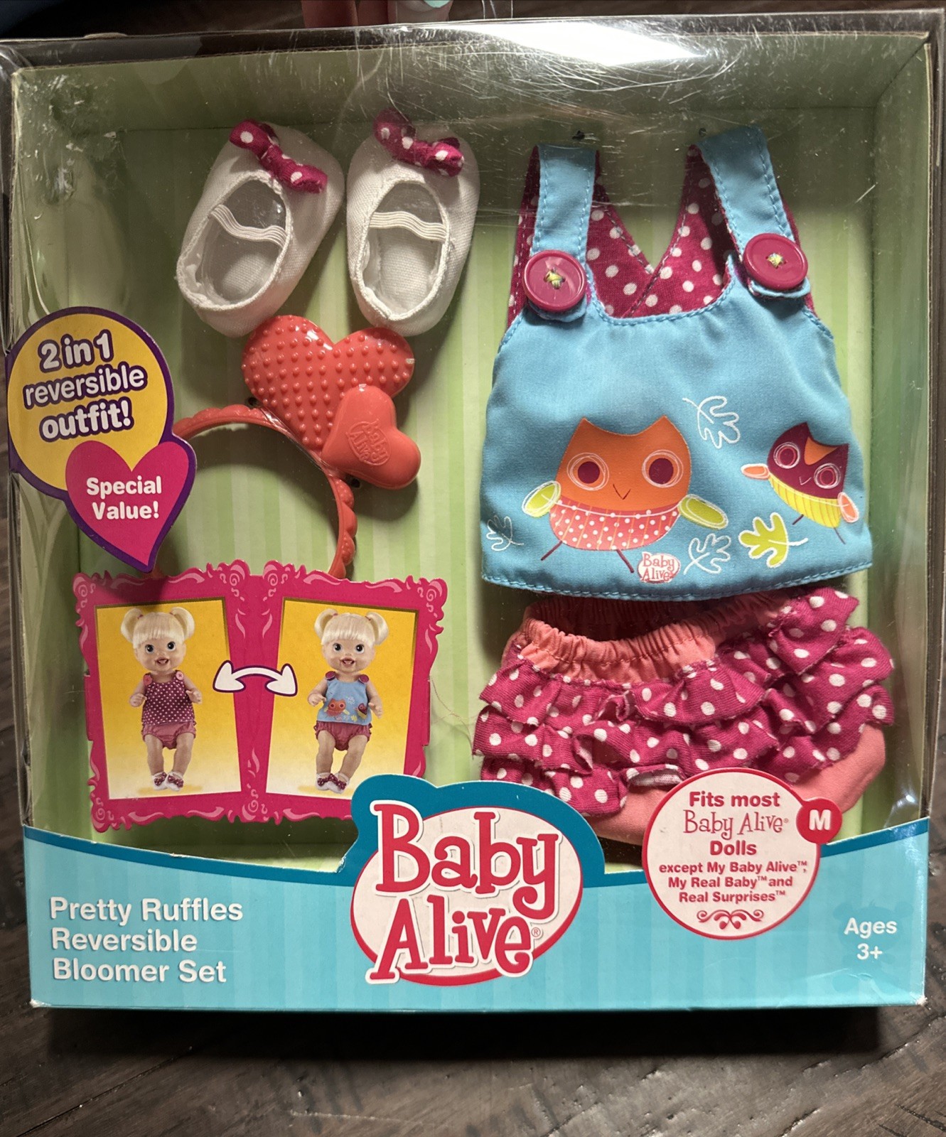 Baby Alive 2012 Hasbro 2 in 1 Pretty Ruffles Reversible Bloomer OWL In Box Shoes