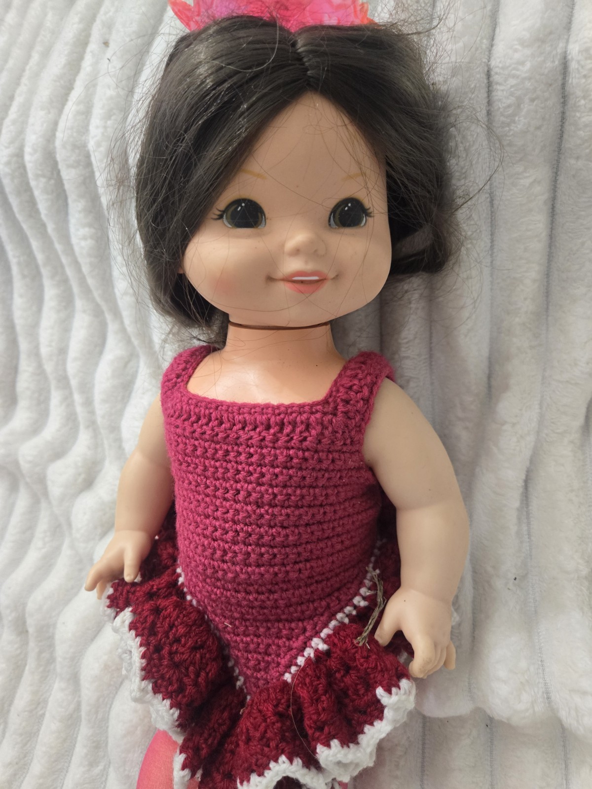 Mattel 1972 Play Doll Dark Brown Hair Burgundy Dress Pink Tights