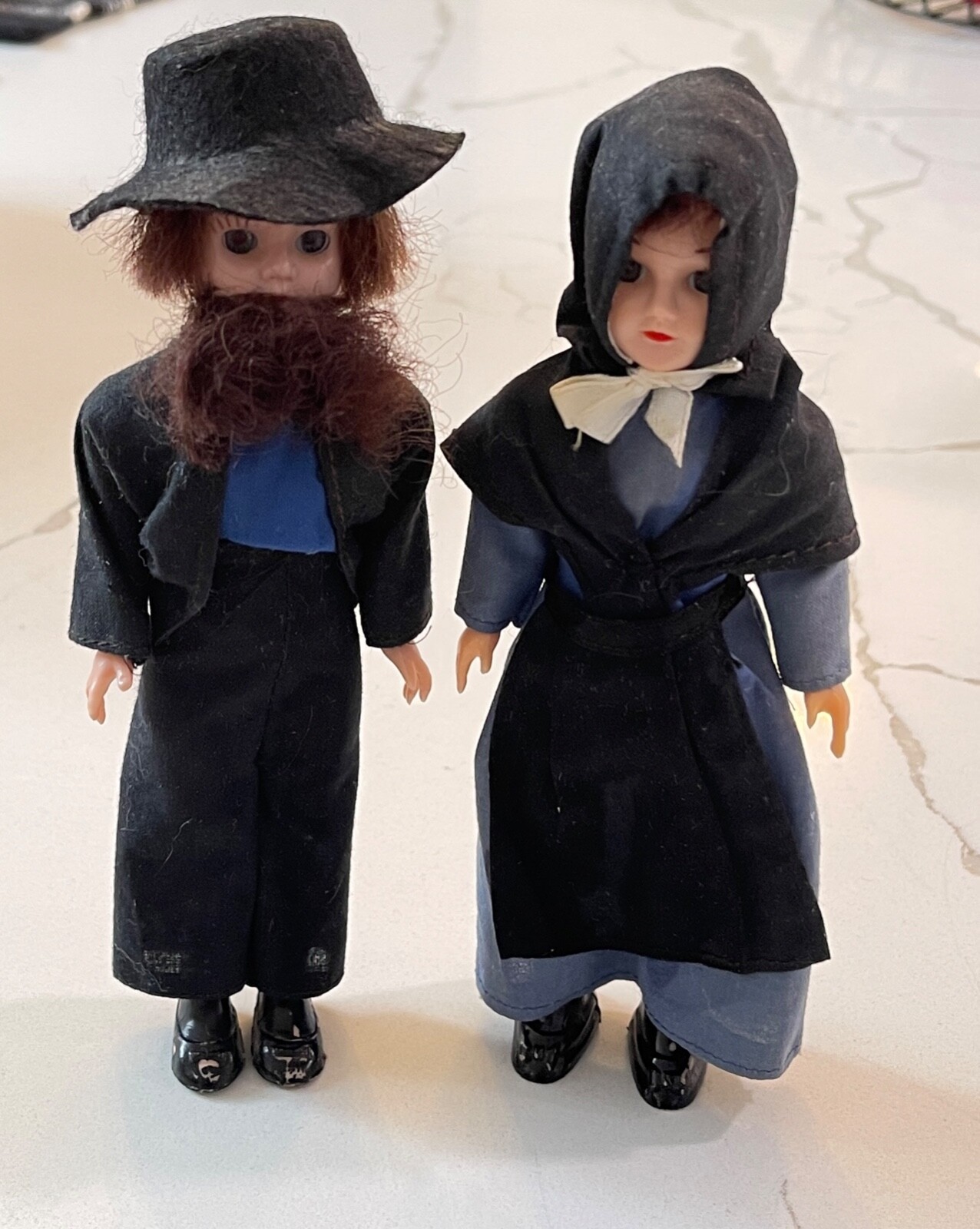 Antique or Vintage Amish Couple Dolls Set – Moveable Eyes, Real Hair – W/Stands