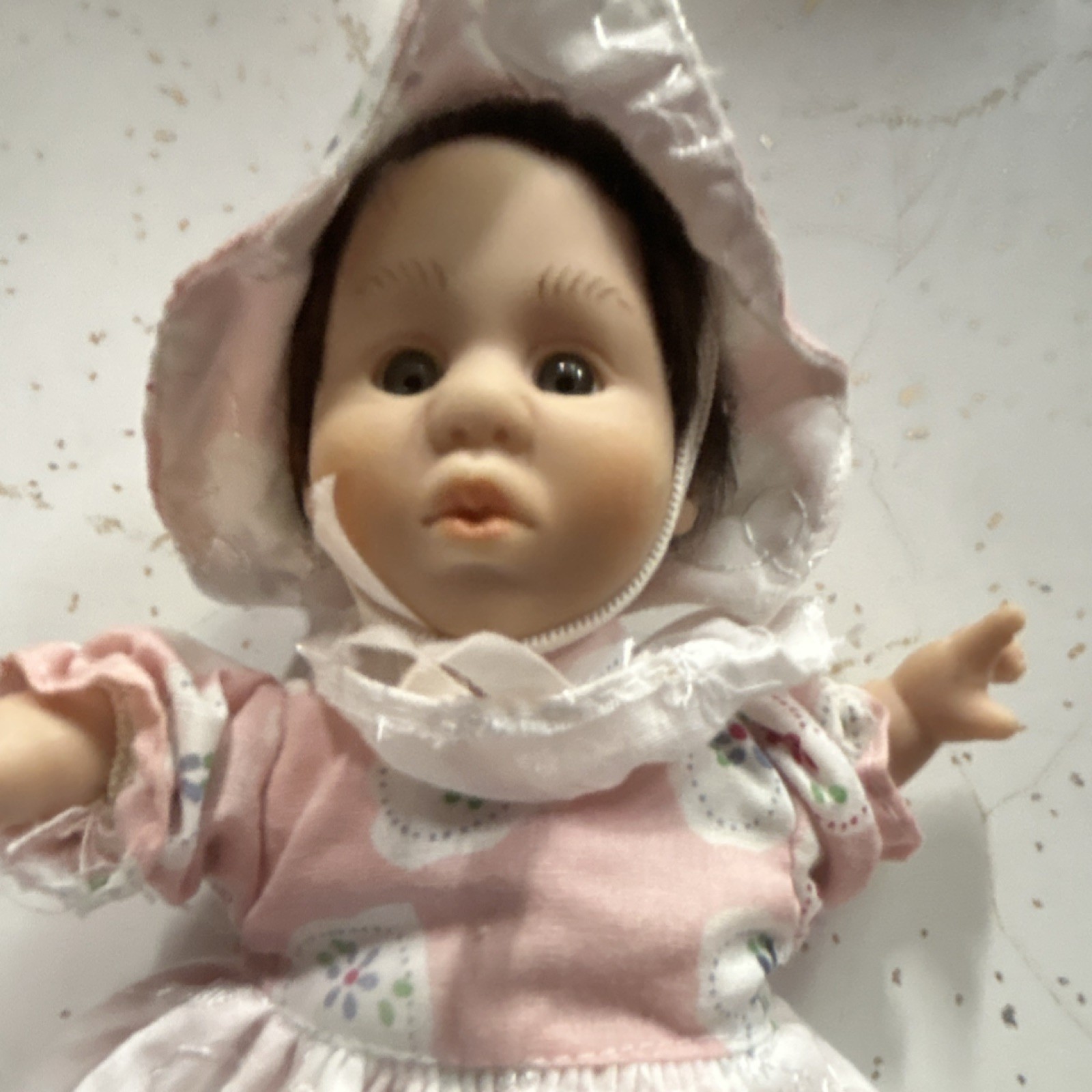 Soft Body Cloth Baby Doll Light Complexion Dark Brown Hair Pink Dress & Bonnet