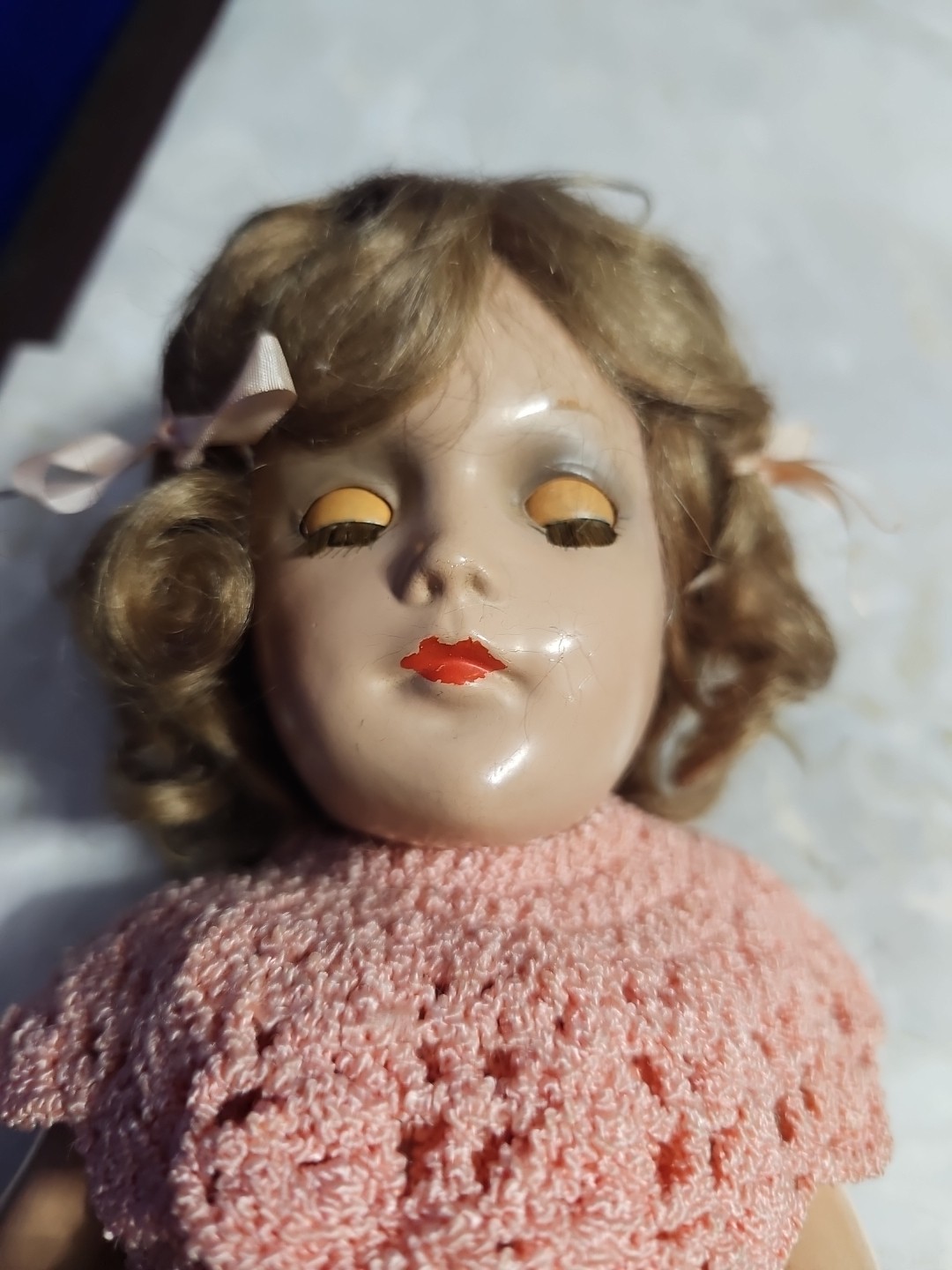 Vintage 1950s Hard Plastic Doll 14” Sleep Eyes Curly Hair Girl Doll