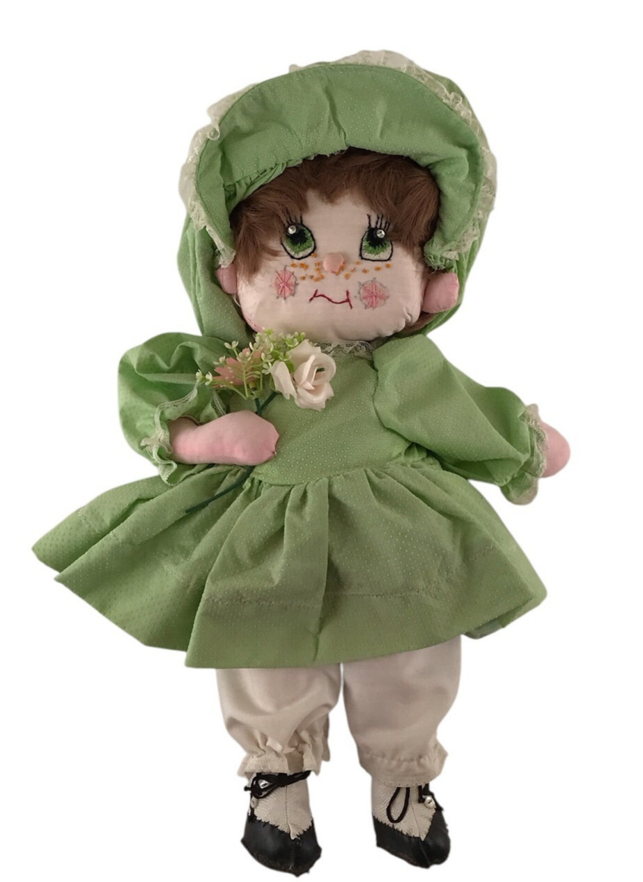 Hand Made Sewn Doll 24 Inches Vintage Soft Prairie Rag Fabric Floppy Green Dress