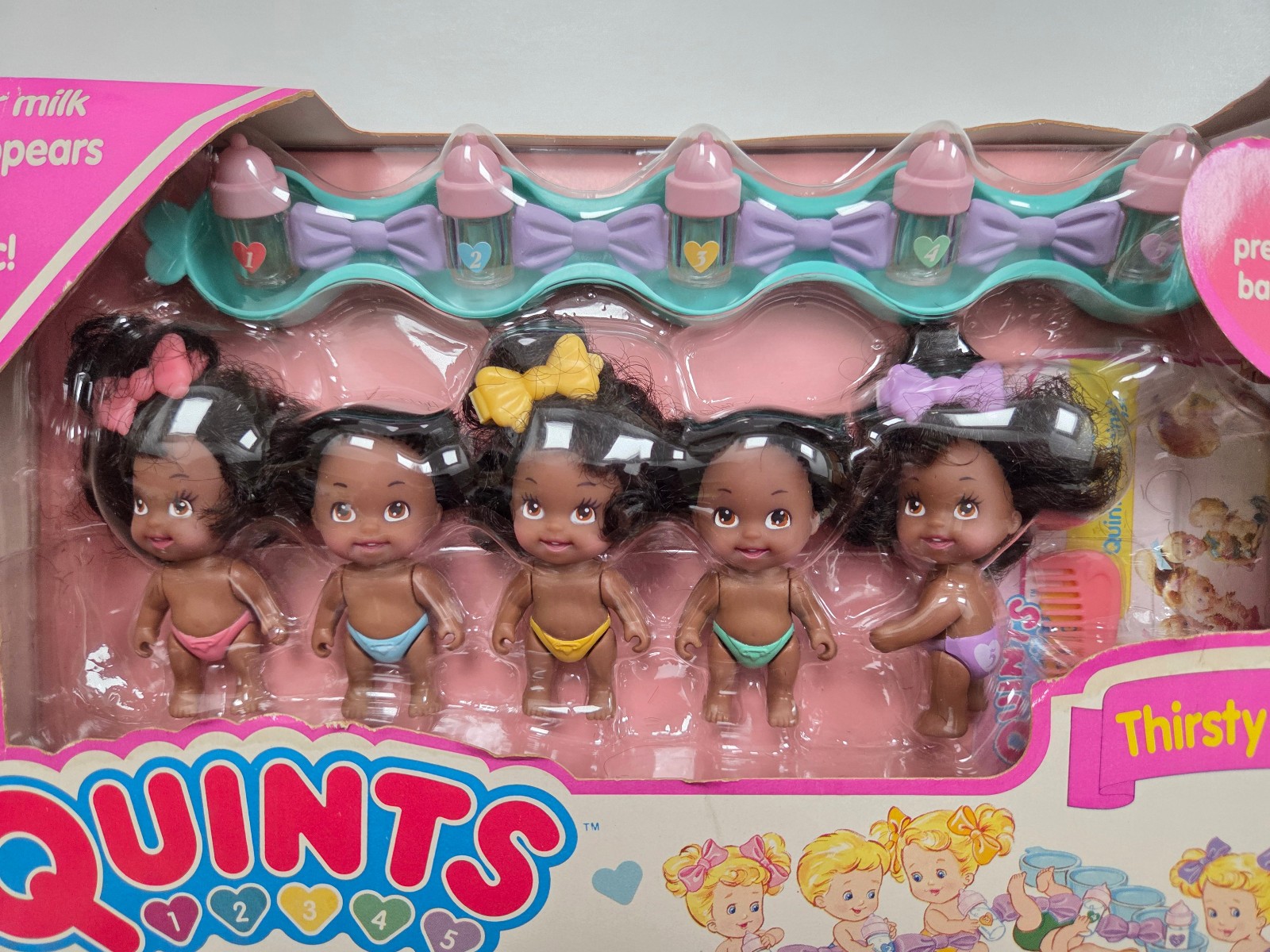 Tyco Thirsty Quints 5 Baby Dolls in Colorful Diapers Hair Bows Bottle for 5 HTF