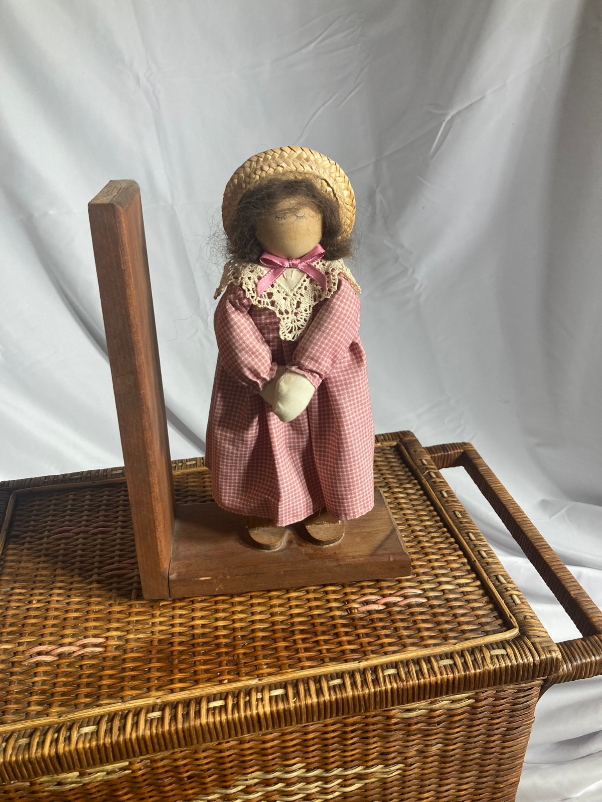 Vintage Folk Art Wooden Bookend with Doll Figure-11” Tall