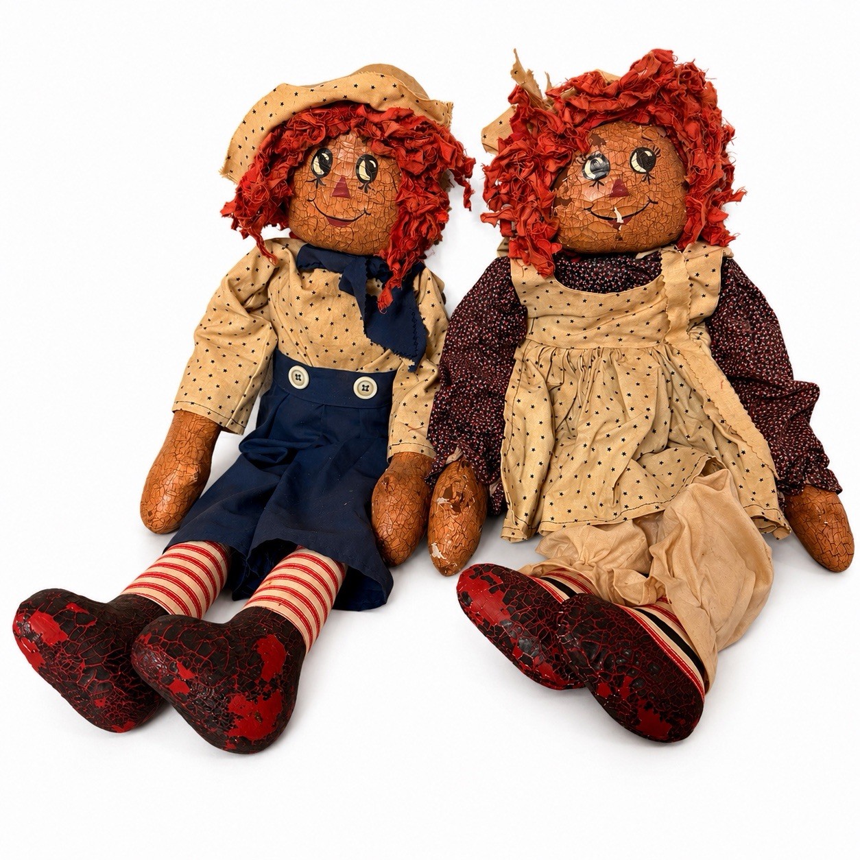 Primitive Raggedy Ann & Andy Style Folk Art Dolls Pair 25” Crackle Painted Faces