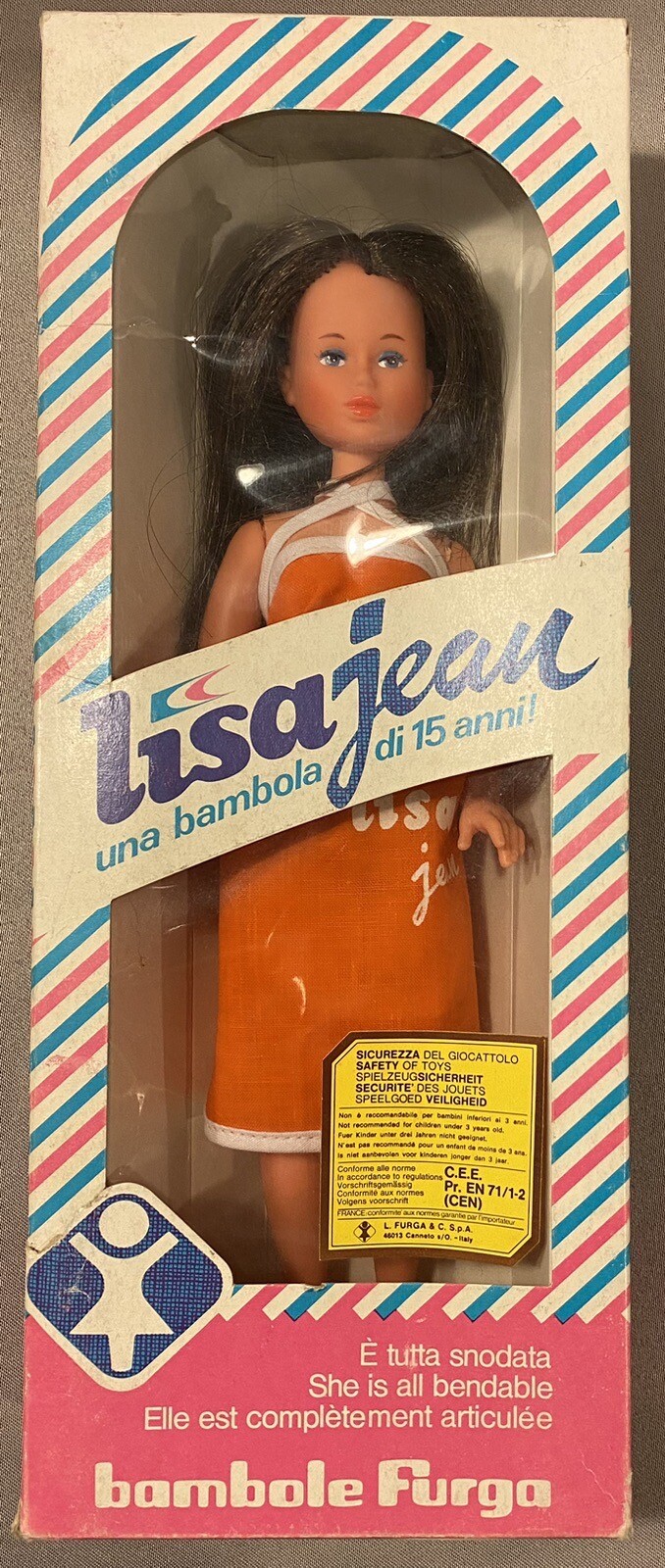 Rare Vintage LISA JEAN FURGA DOLL Brunette Loose In Box Orange Dress Italy