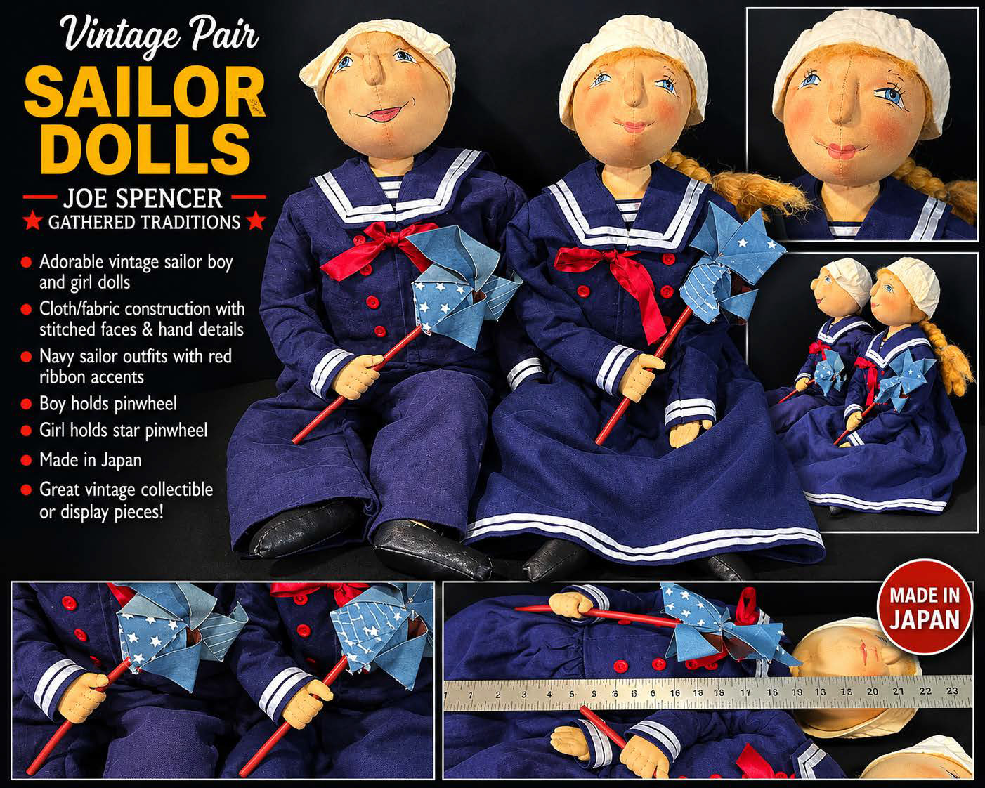 Joe Spencer Gathered Traditions Sid & Stacey Sailor Dolls Set Primitive Folk Art