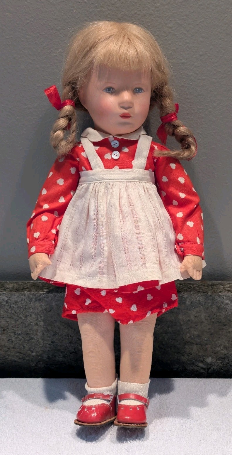 Vintage Käthe Kruse 14″ Blonde Braided Pigtails Classic German Cloth Doll Red
