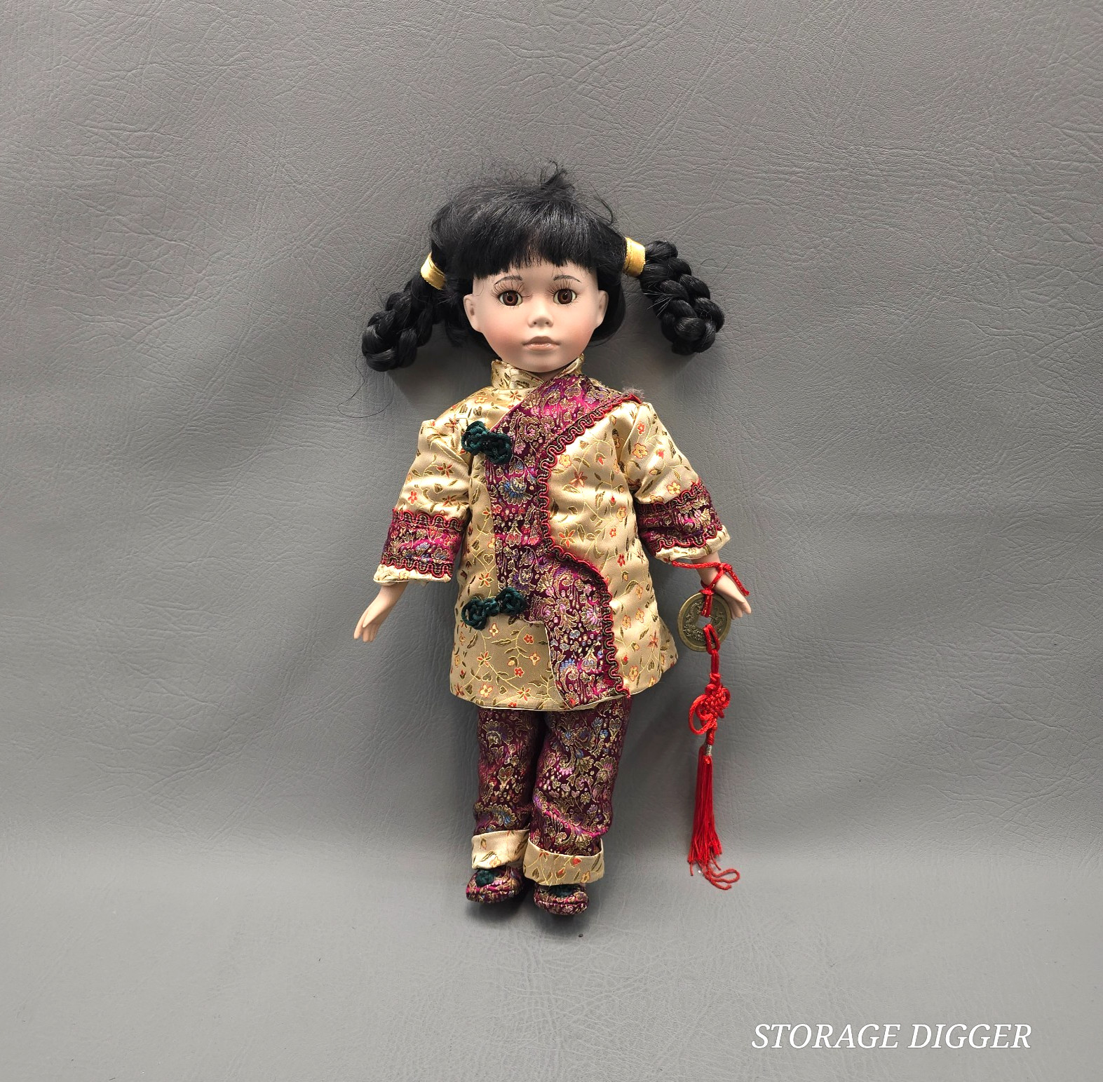 Vintage Emerald Doll Collection Asian Girl Doll Black Braids Brocade Outfit 16″