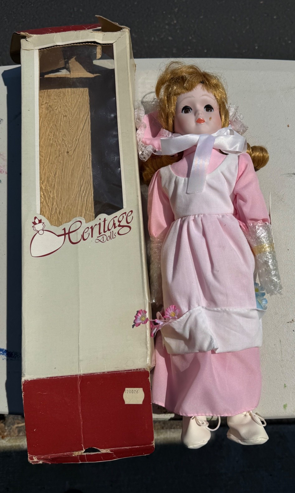 Vintage 1980s Heritage Dolls Musical Porcelain Doll Pink Dress Apron Box