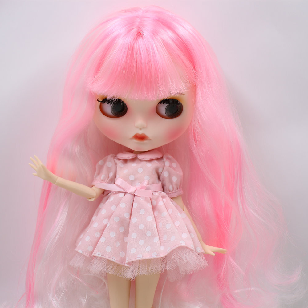12″ Blythe doll Nude custom face pink and white hair carved dudu lips joint body