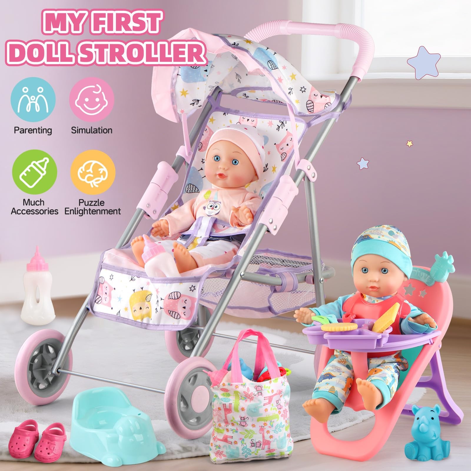 Baby Doll Stroller Play Set with 12.5″ Baby Doll,Dining Chair, 2 Sets Clothes…