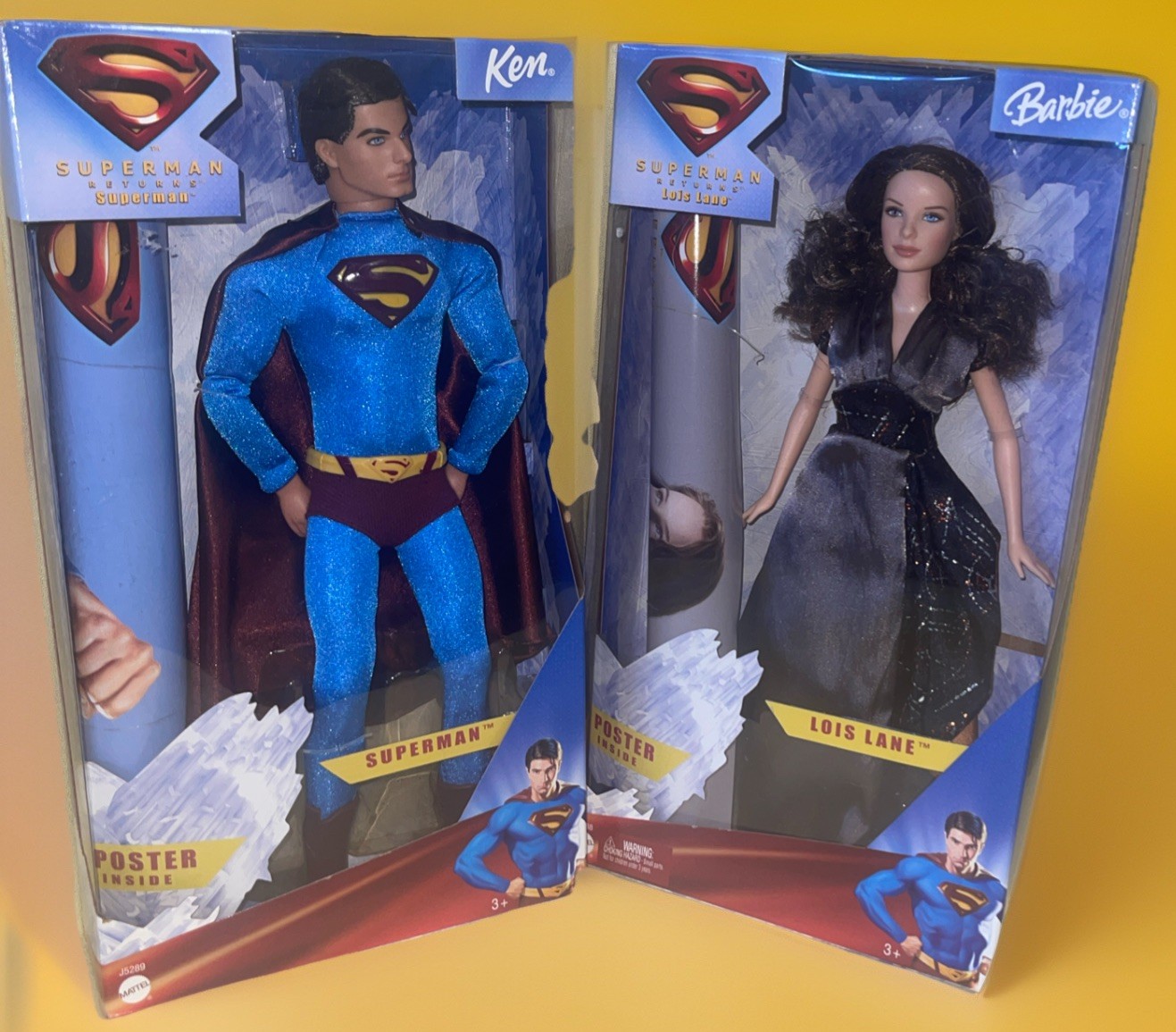 2005 Mattel DC Superman Returns Barbie & Ken Dolls w/Posters NOS