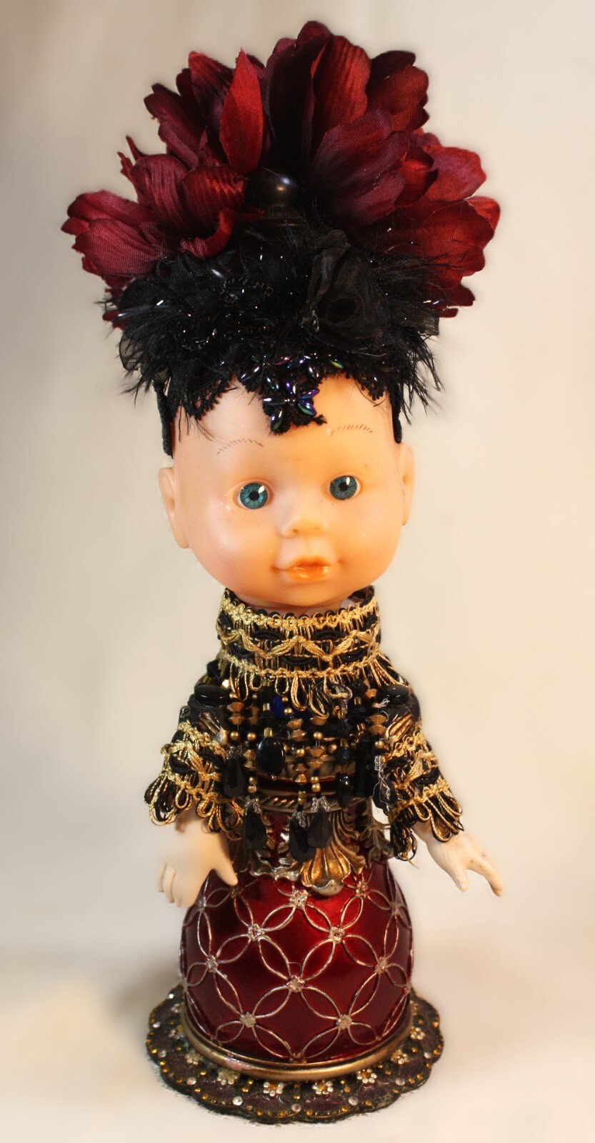 Assemblage Mixed Media Doll Head Art Sculpture Burgendy Florals & Beads